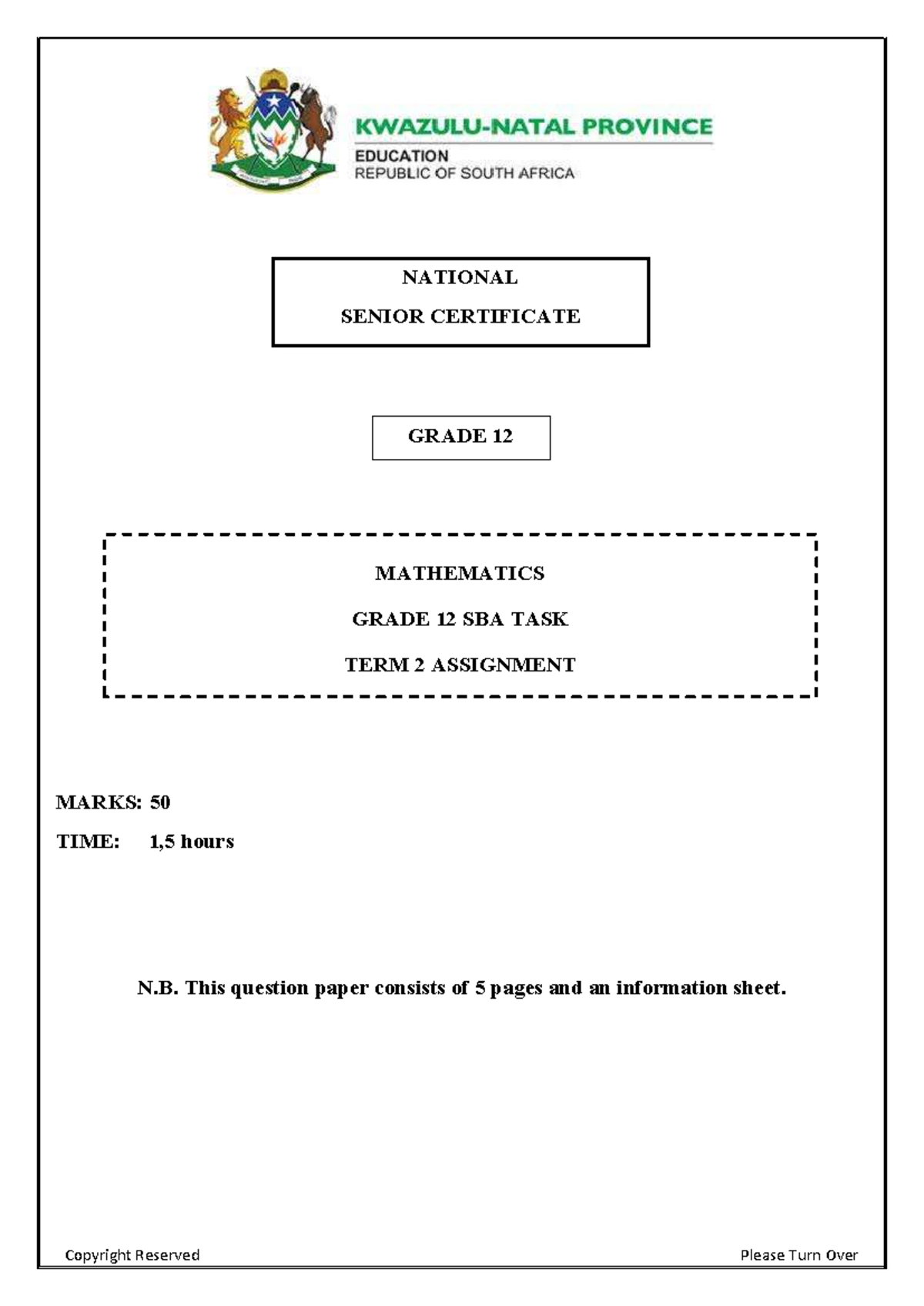 Grade 12 Mathematics NSC Term 2 SBA Assignment (Marks: 50) - Studocu