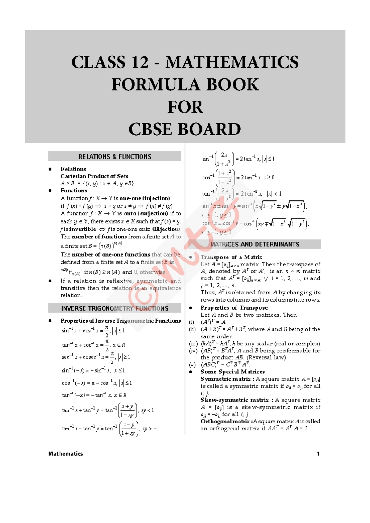 CLASS 12 MATHEMATICS FORMULA BOOK FOR CBSE BOARD - ESSENTIAL NOTES ...