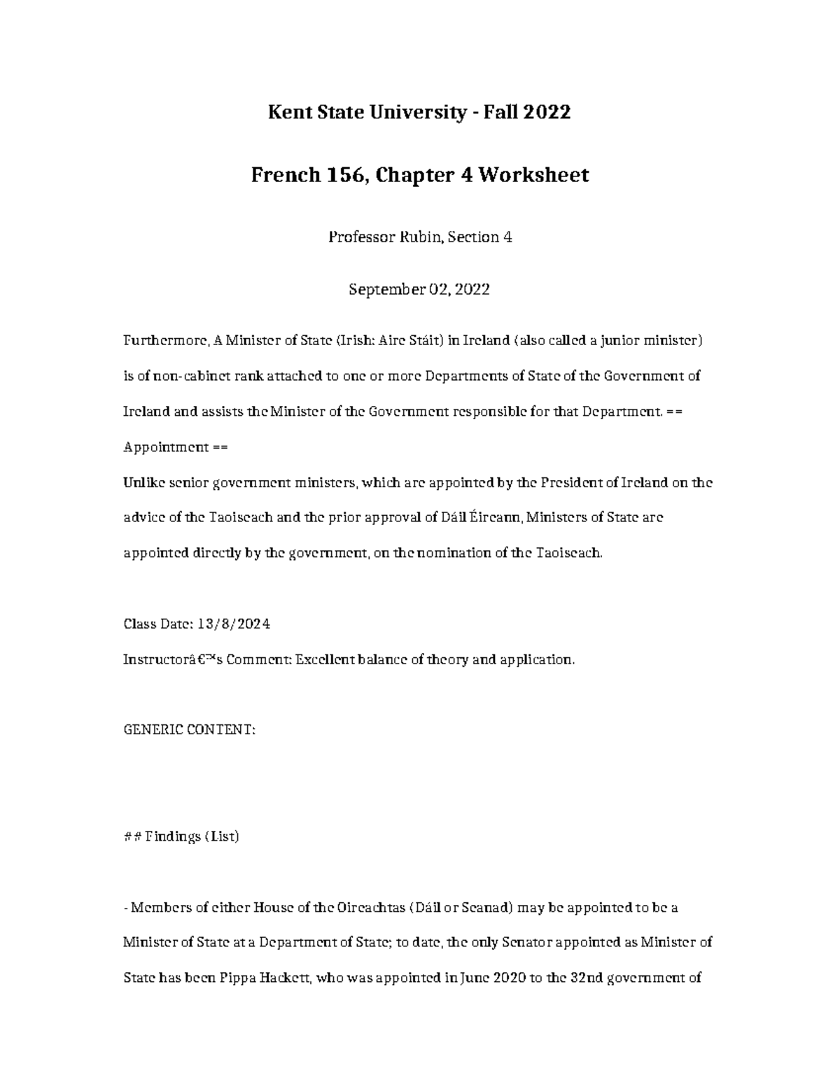 French 156 Chapter 4 Worksheet - Kent State University - Fall 2022 ...