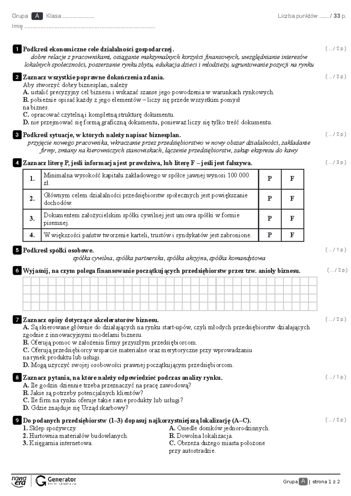 Test z rozdziału 6. Przedsiębiorstwo: Klasyfikacja i Analiza Pytania