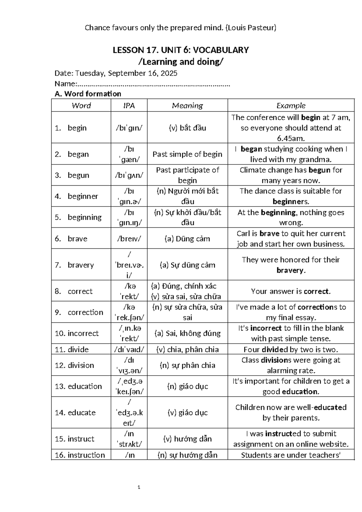 Lesson 17: Unit 6 Vocabulary Learning and Doing - Studocu