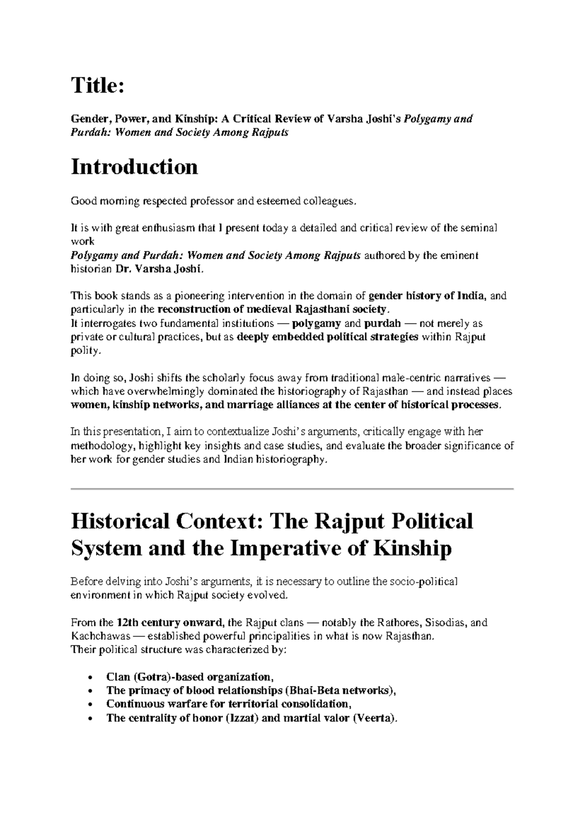 Presentation 11 - Critical Review of Gender in Rajput Society, C. 1500 ...