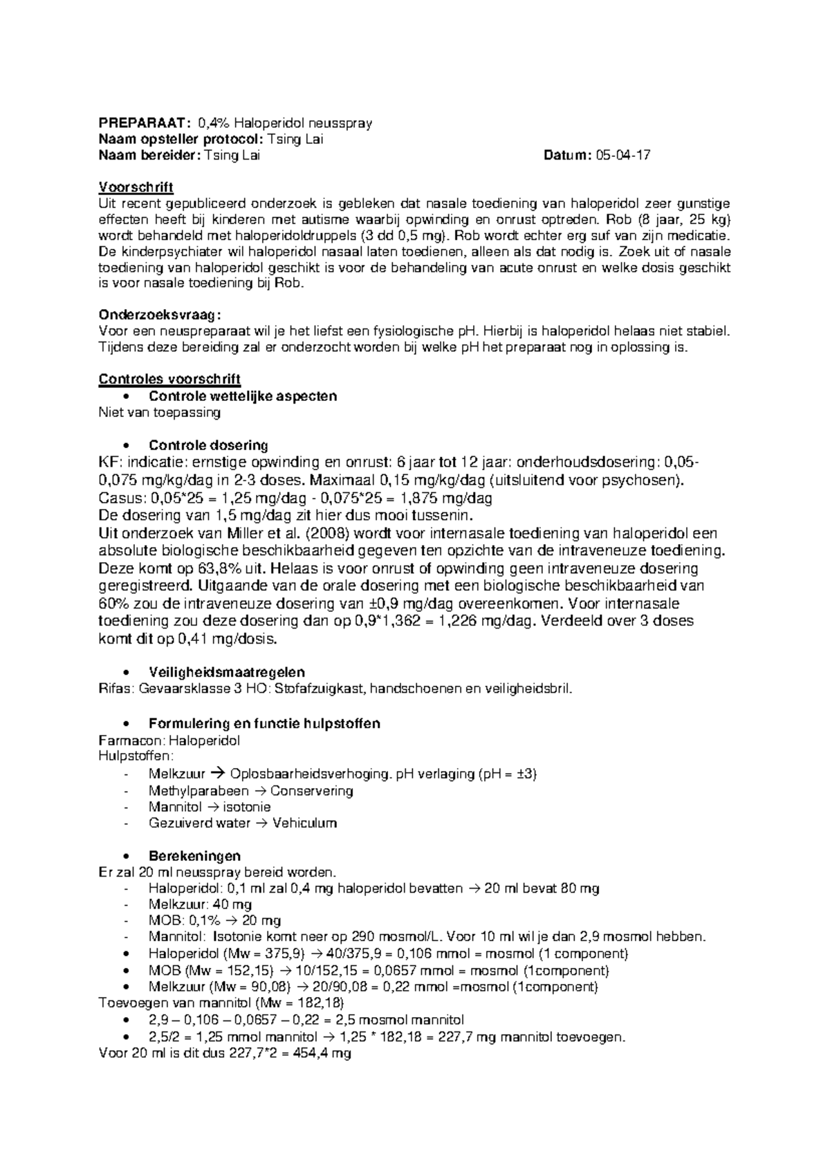 Practicum Casus 3.4: Effectiviteit en Bereiding van Haloperidol ...
