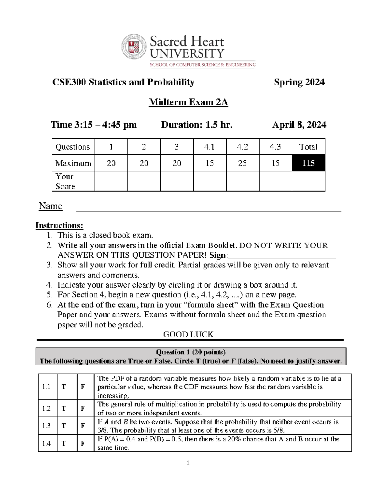 CSE300 Statistics and Probability Midterm Exam 2A - Spring 2024 ...