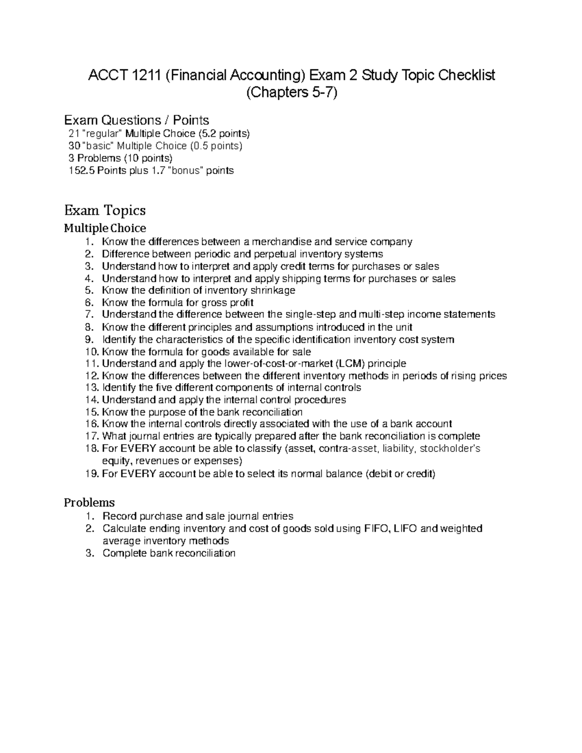ACCT 1211 Exam 2 Study Guide: Key Topics from Chapters 5-7 - Studocu