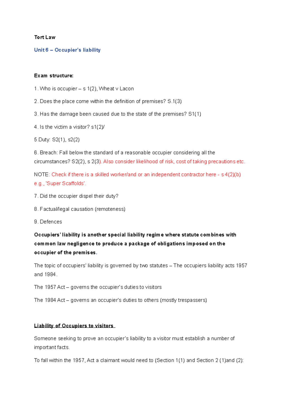 Unit 6 - Occupiers' Liability - completed notes - Tort Law Unit 6 ...