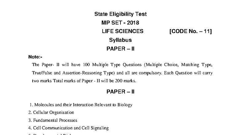 MP SET 2018 Life Sciences Paper II Syllabus Overview - Studocu