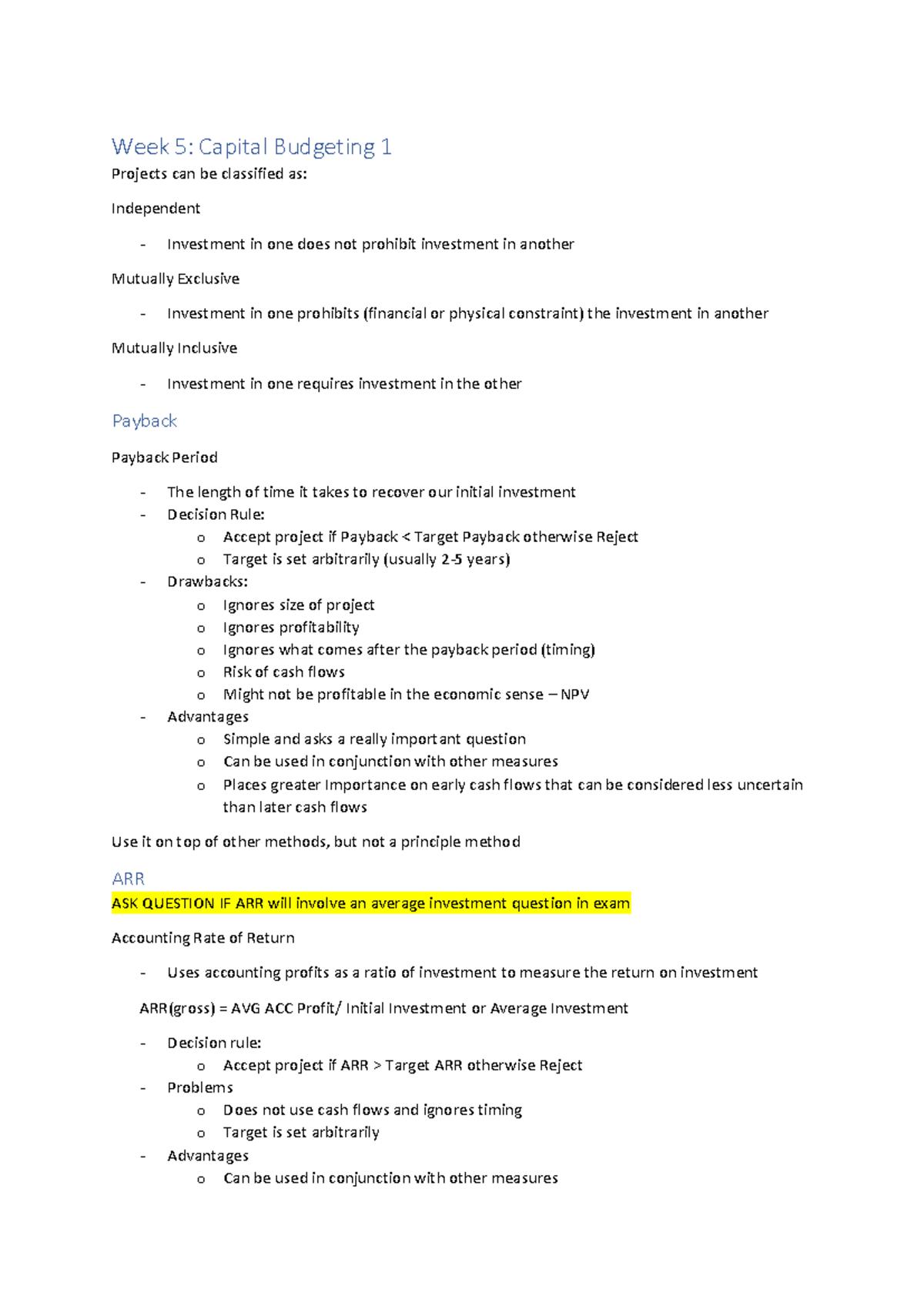 Finance 1 notes for exam prep - Week 5: Capital Budgeting 1 Projects ...
