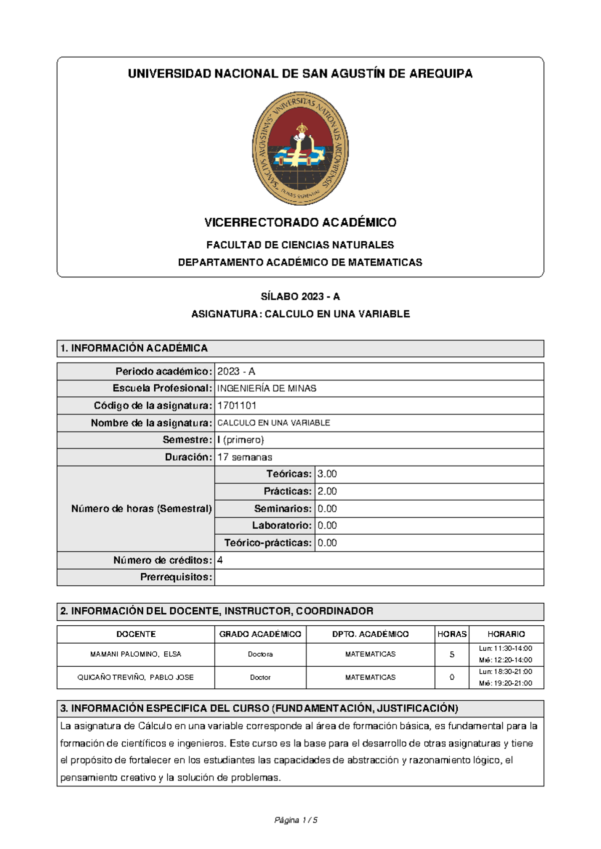 Sílabo del Curso 1701101 - Cálculo en una Variable 2023-A - Document Preview