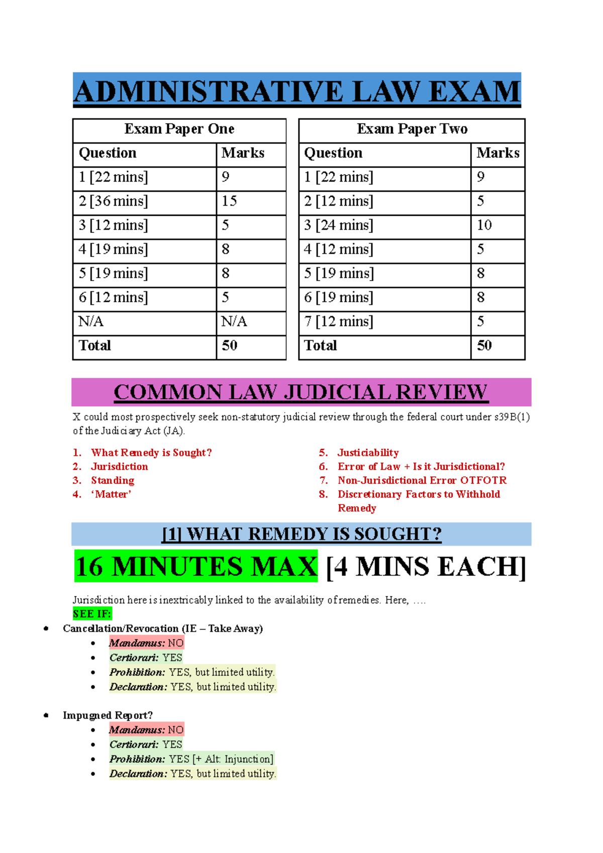 Administrative Law Exam Notes for Course LAW123 - Key Concepts ...