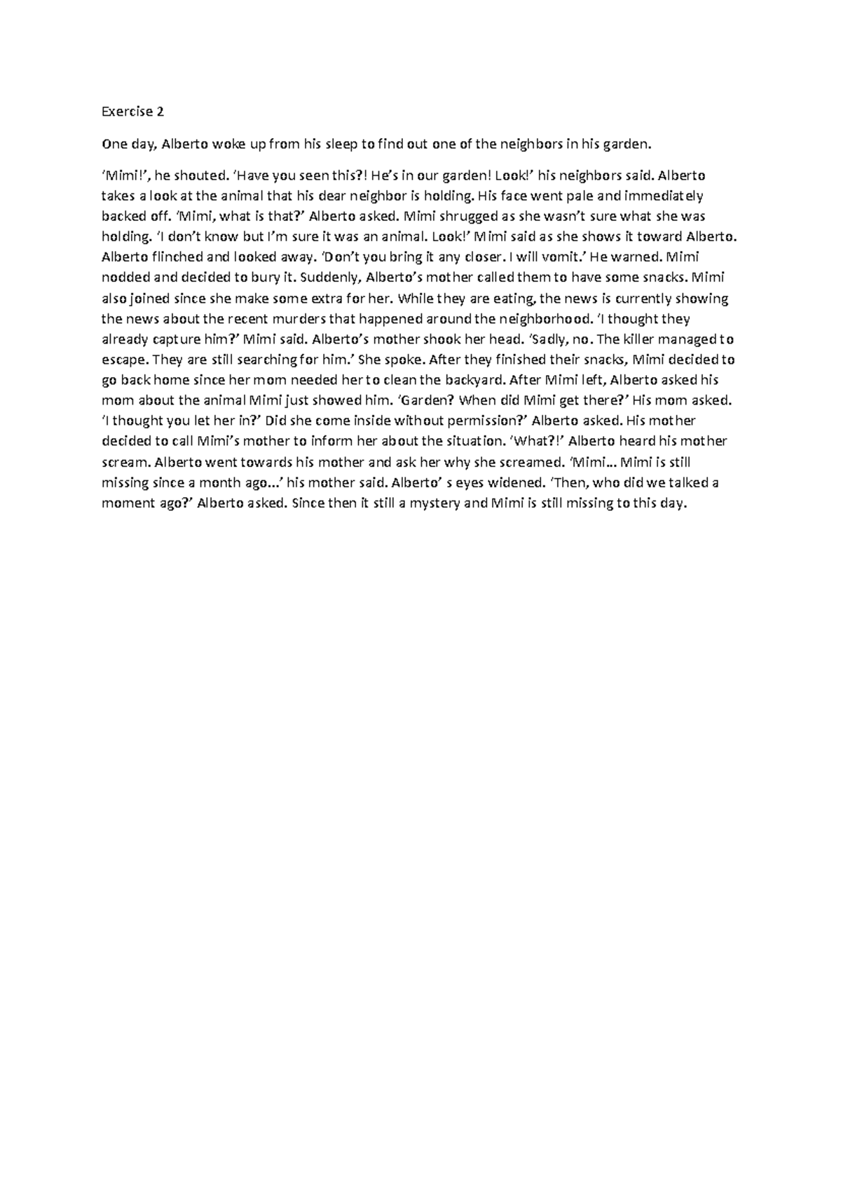 ENG 101 - Exercise 2: Short Story on Missing Neighbors - Studocu