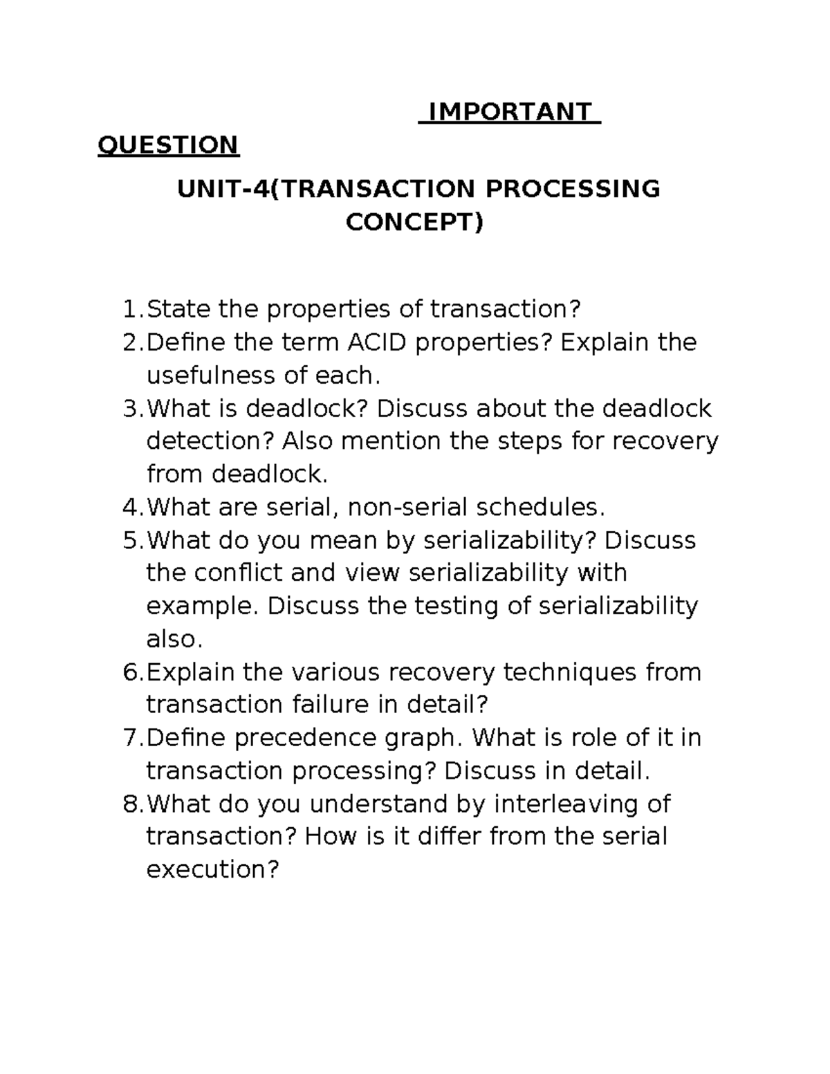 Important Questions on Transaction Processing (Unit-4) - Studocu