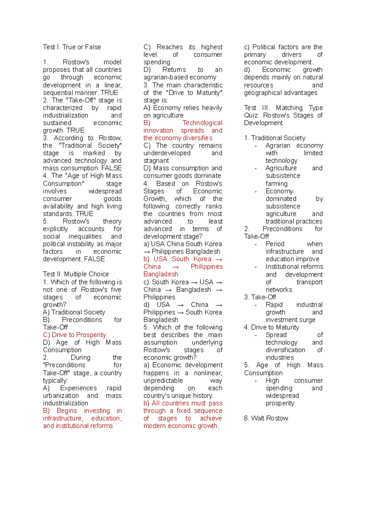 Econ 101: Test I & II on Stages of Economic Growth and Development ...