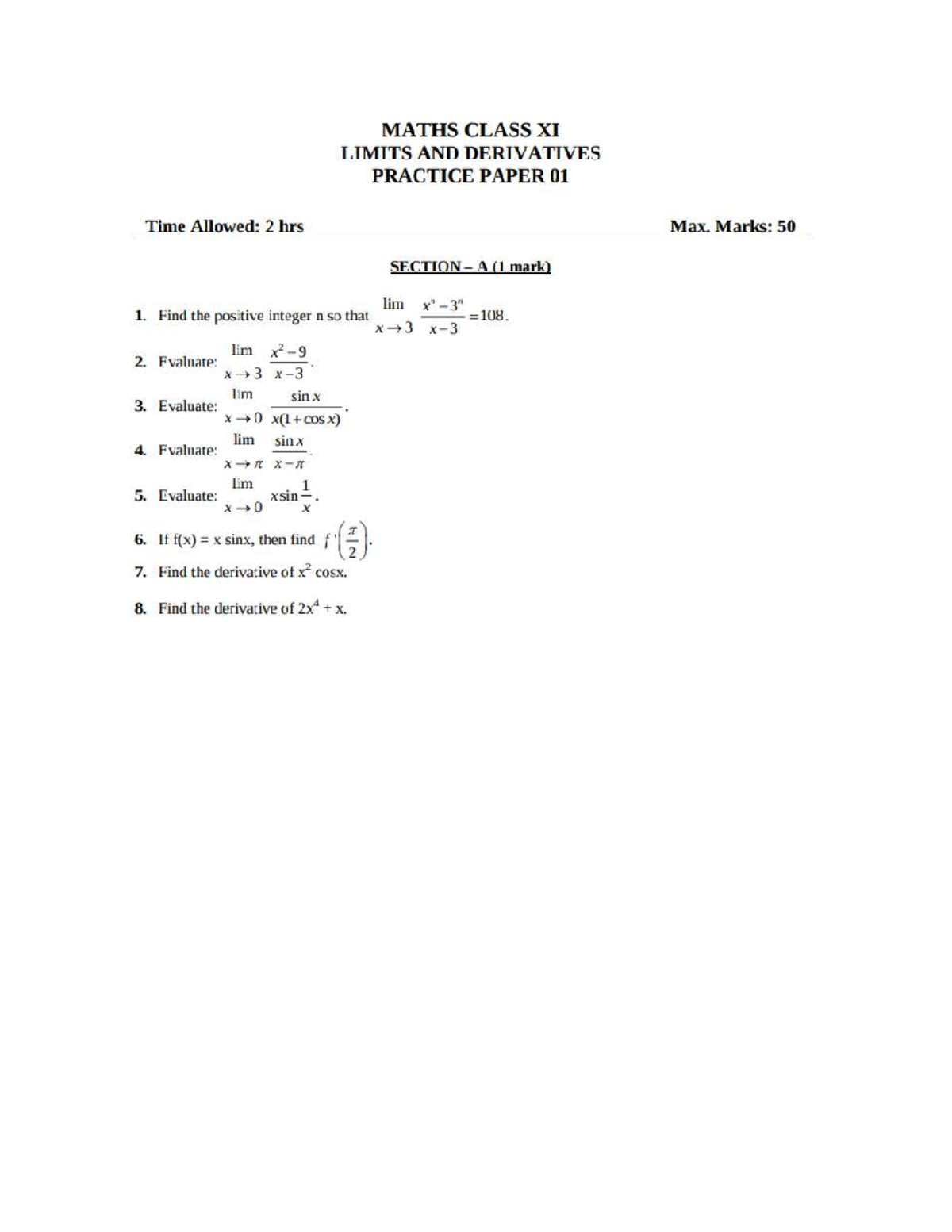 Limits chapter assignment - Modern Europe - MATHS CLASS XI LIMITS AND ...
