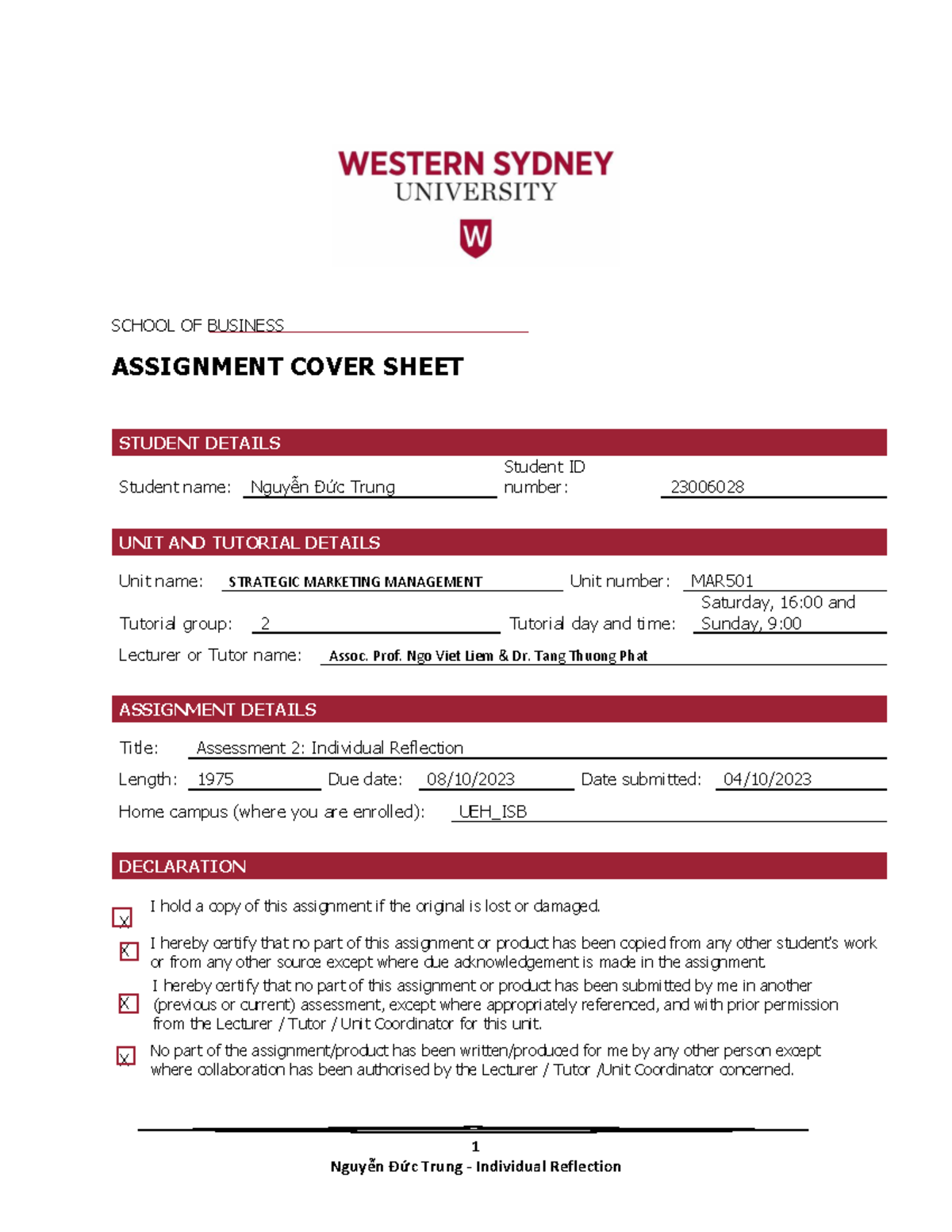 SMM Nguyễn Đức Trung Individual Reflection - 1 SCHOOL OF BUSINESS ...