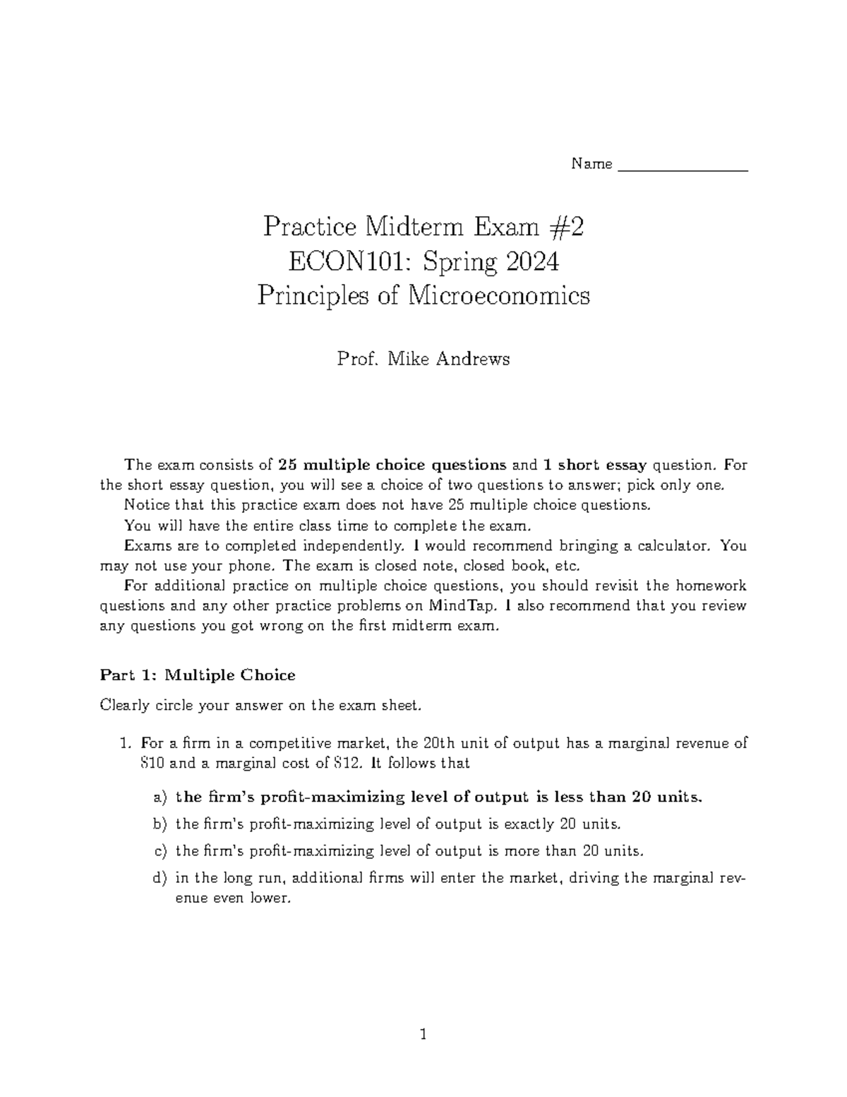 ECON101: Practice Midterm Exam 2 Solutions - Microeconomics Spring 2024 ...