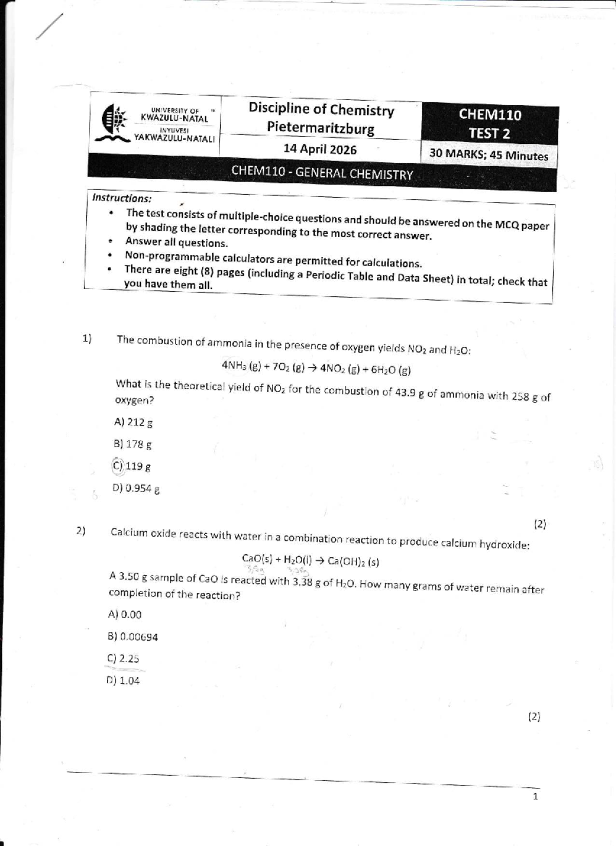 CHEM110: General Principles of Chemistry Test 2 Notes - Studocu
