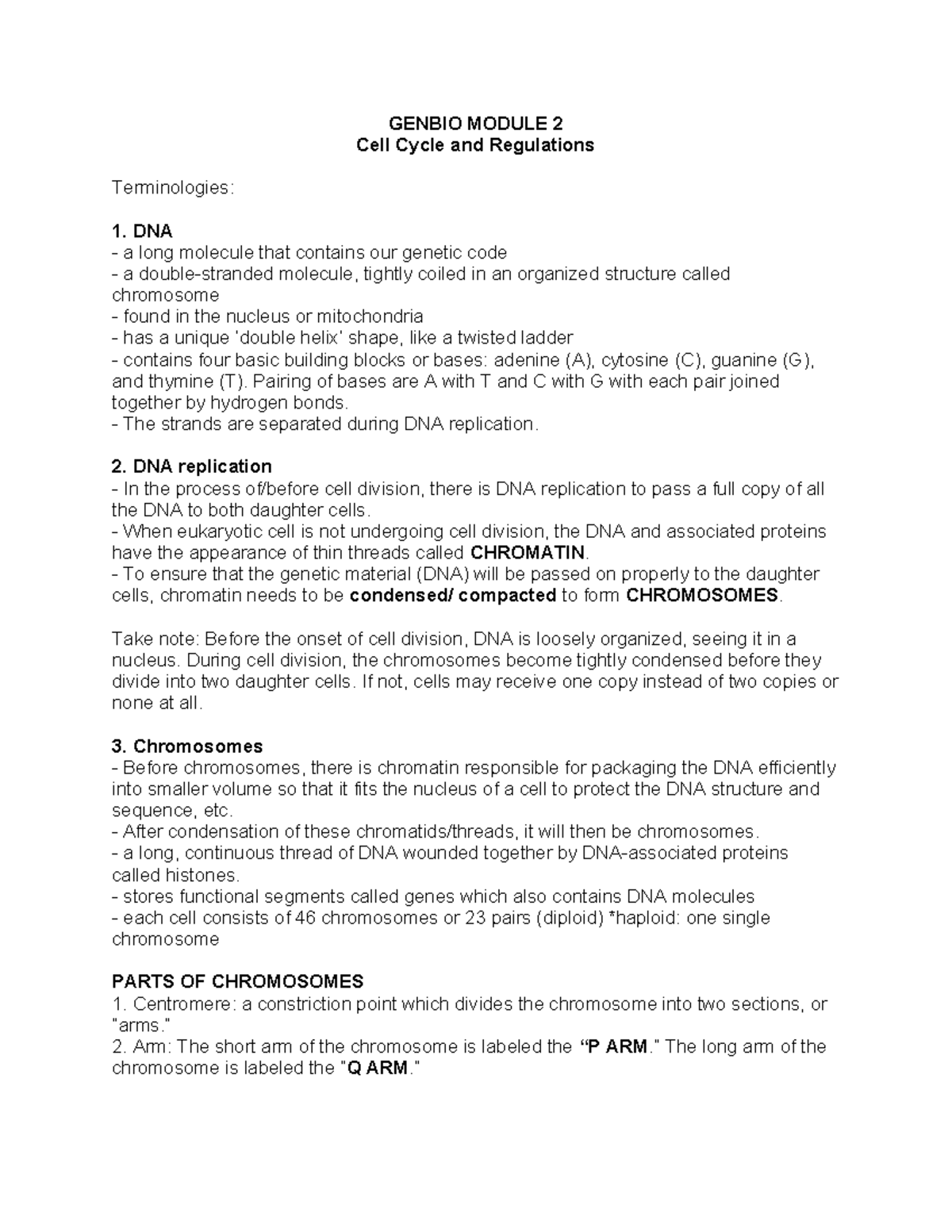 GENBIO MODULE 2: Cell Cycle, DNA Replication & Chromosome Structure ...