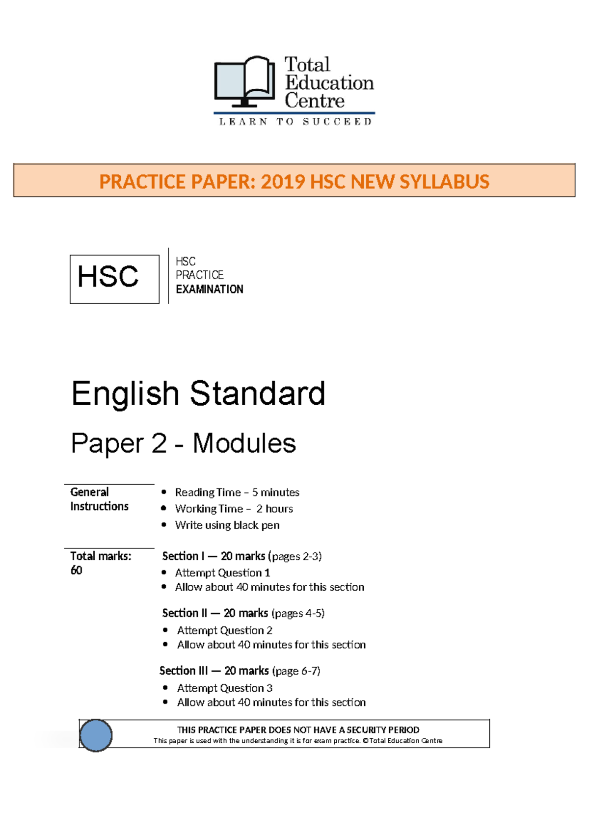 English Standard HSC Practice Paper 2: 2019 Exam Format & Guidelines ...