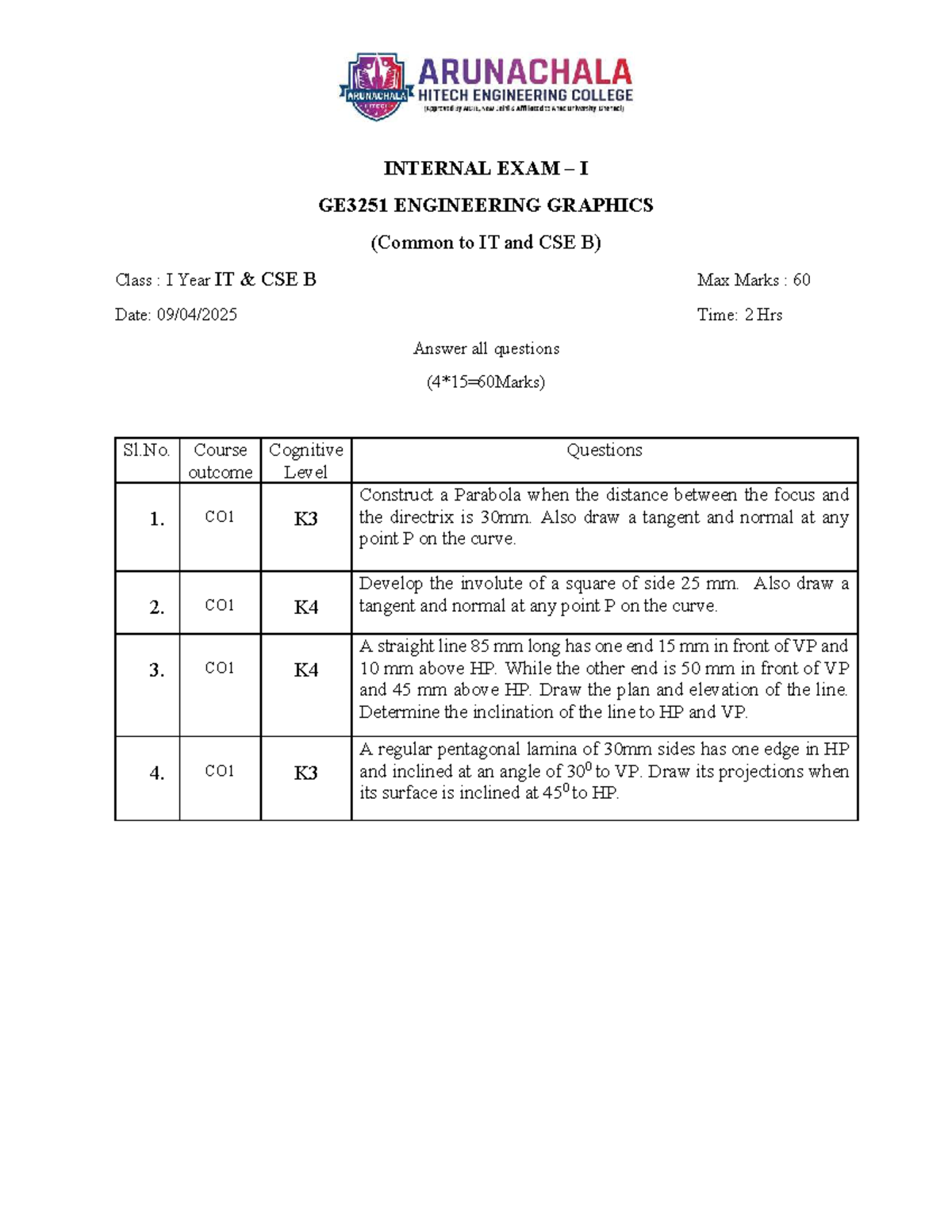 Engineering Graphics Internal Exam I GE3251 Questions and Solutions ...