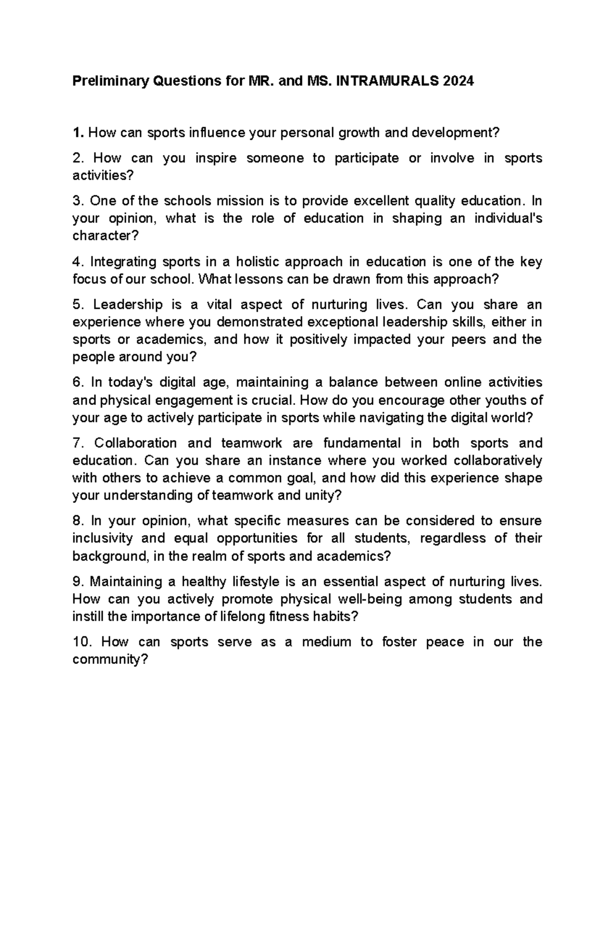 MR. and MS. INTRAMURALS 2024: Preliminary Questions Analysis - Studocu