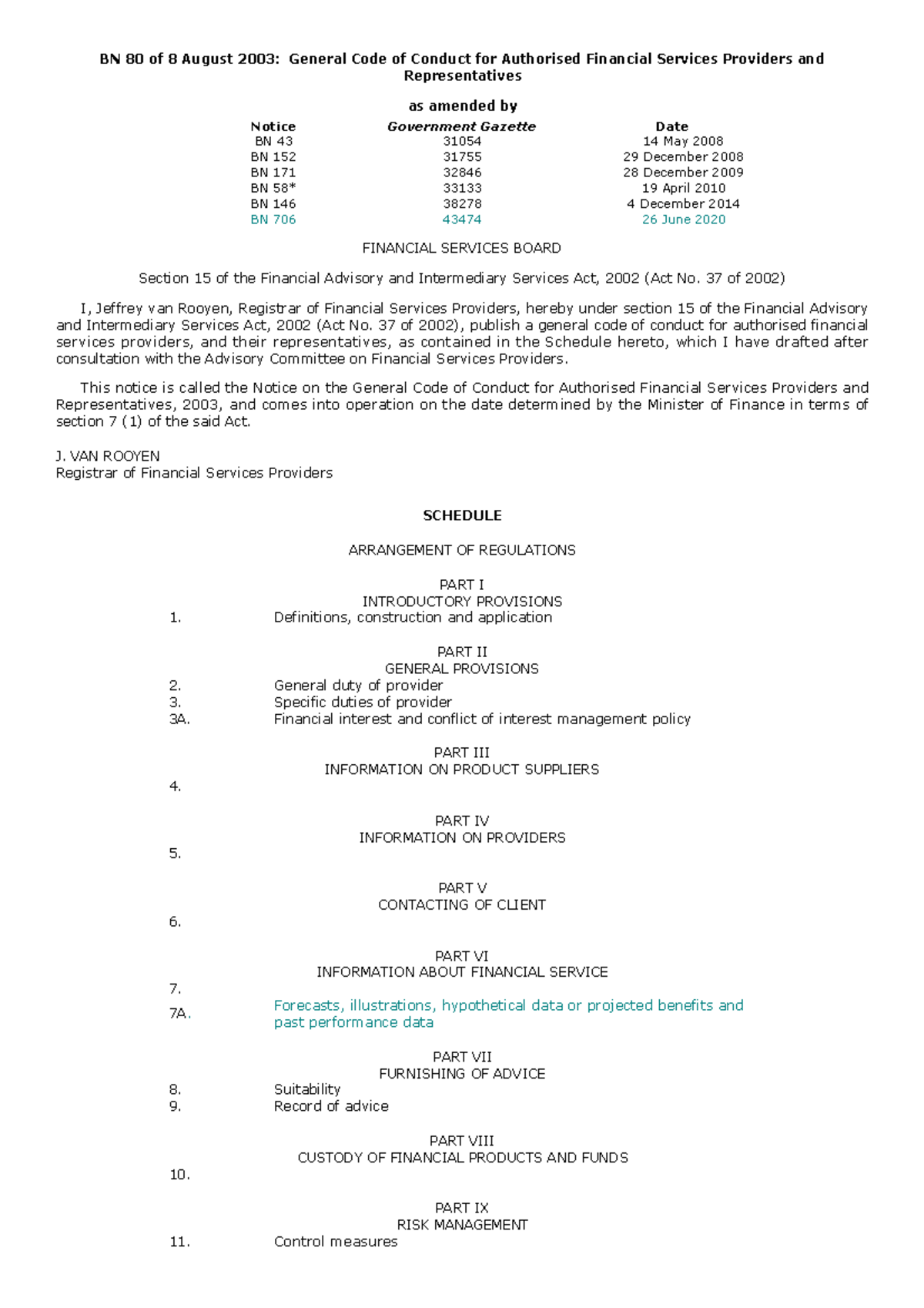 Revised Title: BN 80 of 2003: Updated General Code of Conduct for ...
