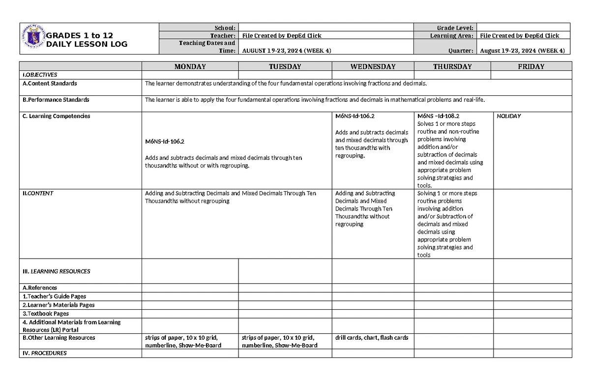 DLL English 6 Q1 W4 - Weekly Lesson Log for Grade VI - Studocu