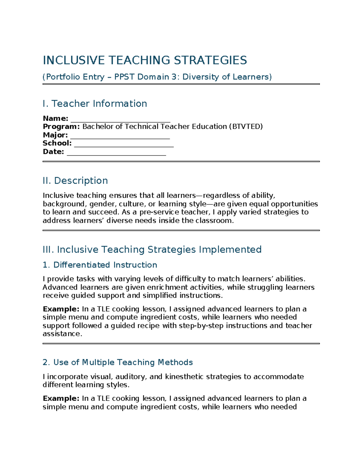 Inclusive Teaching Strategies Portfolio Entry (PPST Domain 3) - Studocu