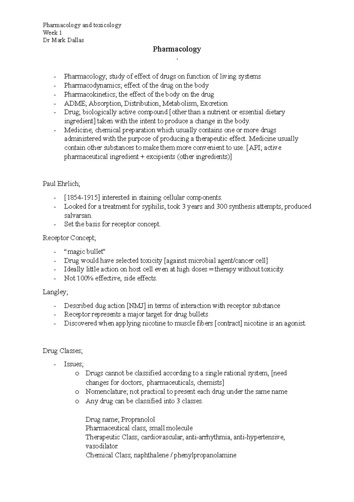 Pharmacology W1 - Lecture notes 1 - Pharmacology and toxicology Week 1 ...