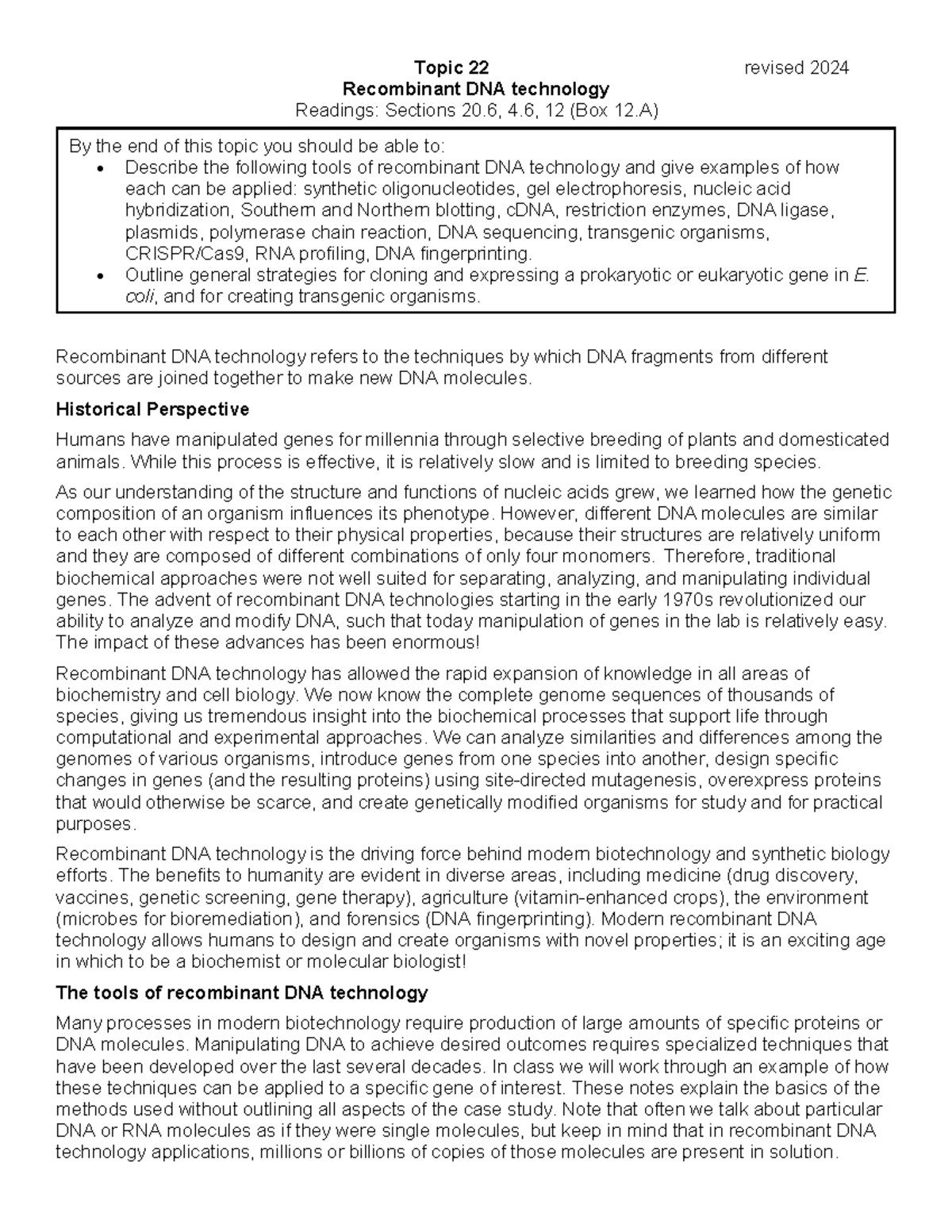 Topic 22: Recombinant DNA Technology Lecture Notes (Revised 2024) - Studocu