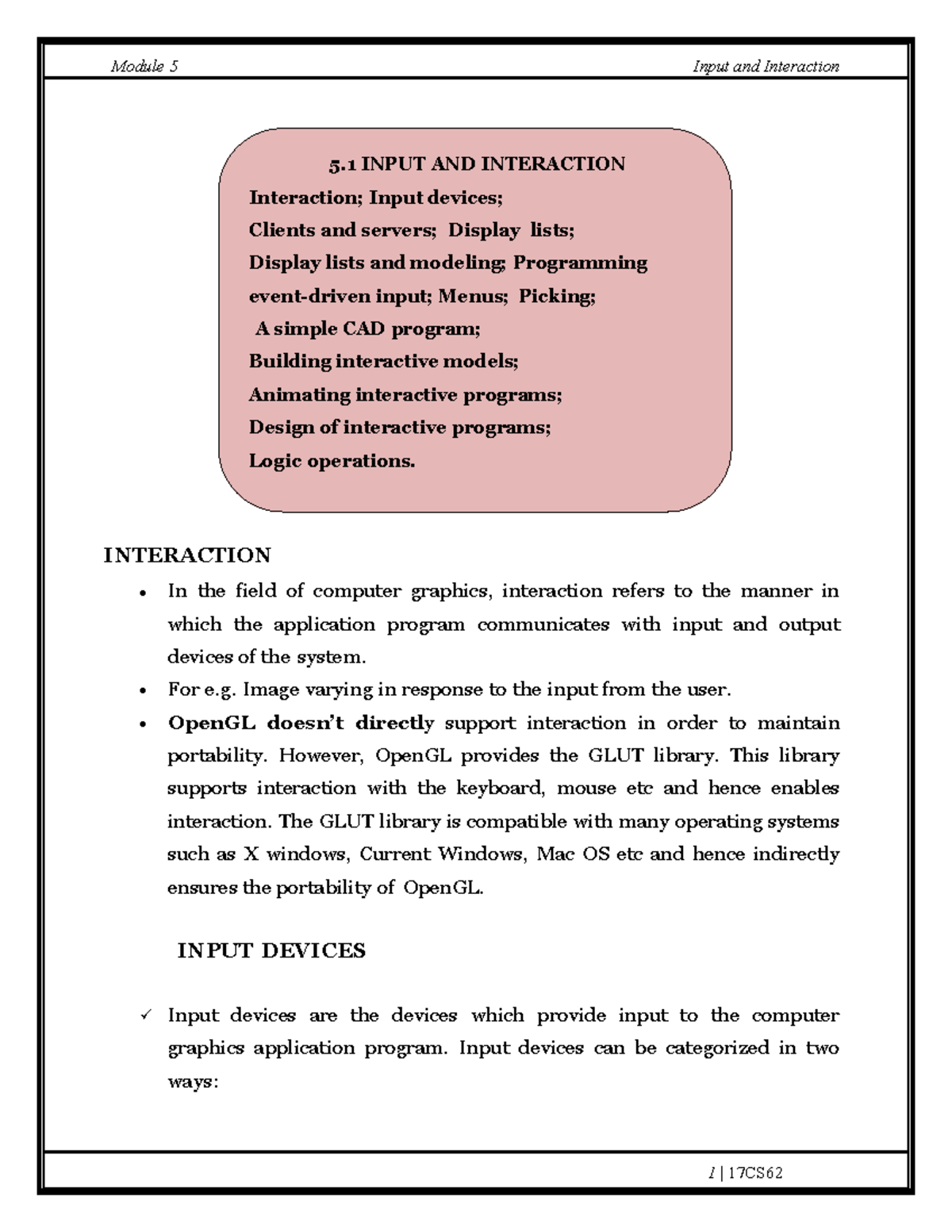 17CS62 Module 5: Input and Interaction in Computer Graphics - Studocu