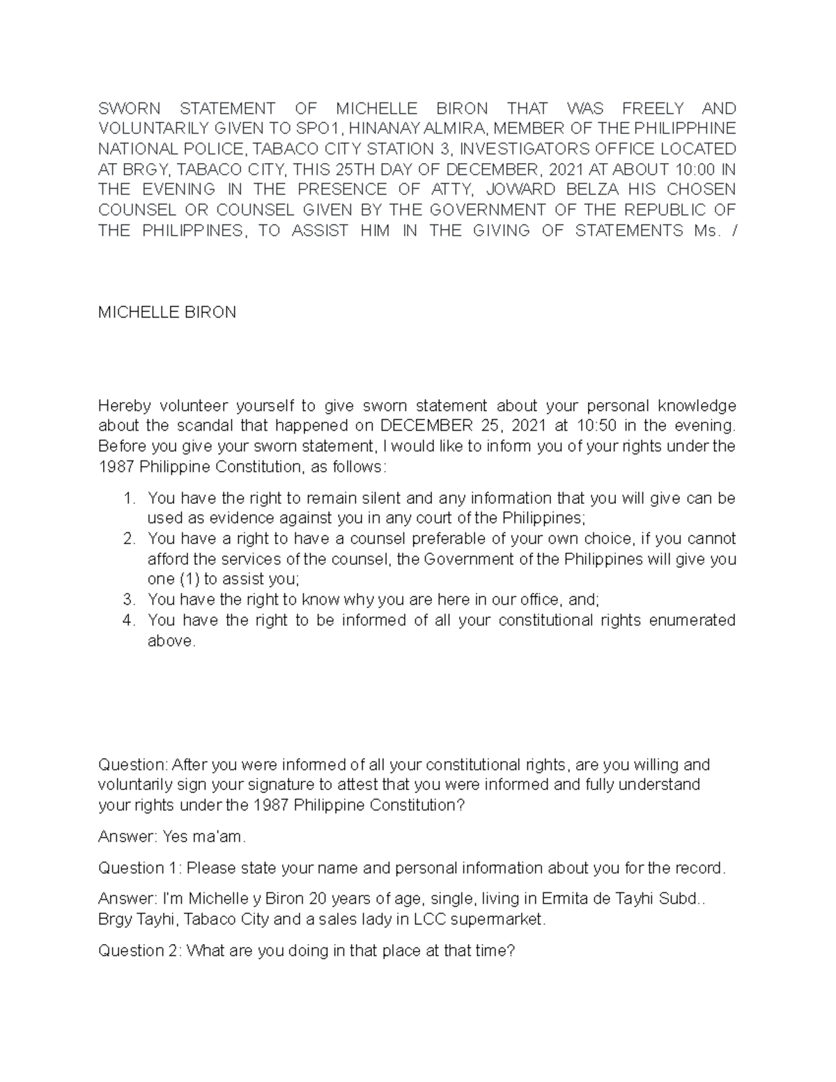 Sworn Statement - modules for police intel - SWORN STATEMENT OF ...