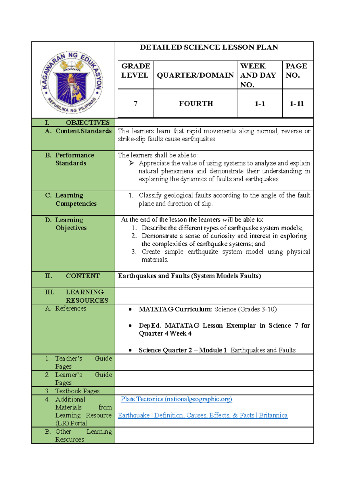 Science 7 - Quarter 4 Lesson Plan: Earthquake Systems and Faults - Studocu