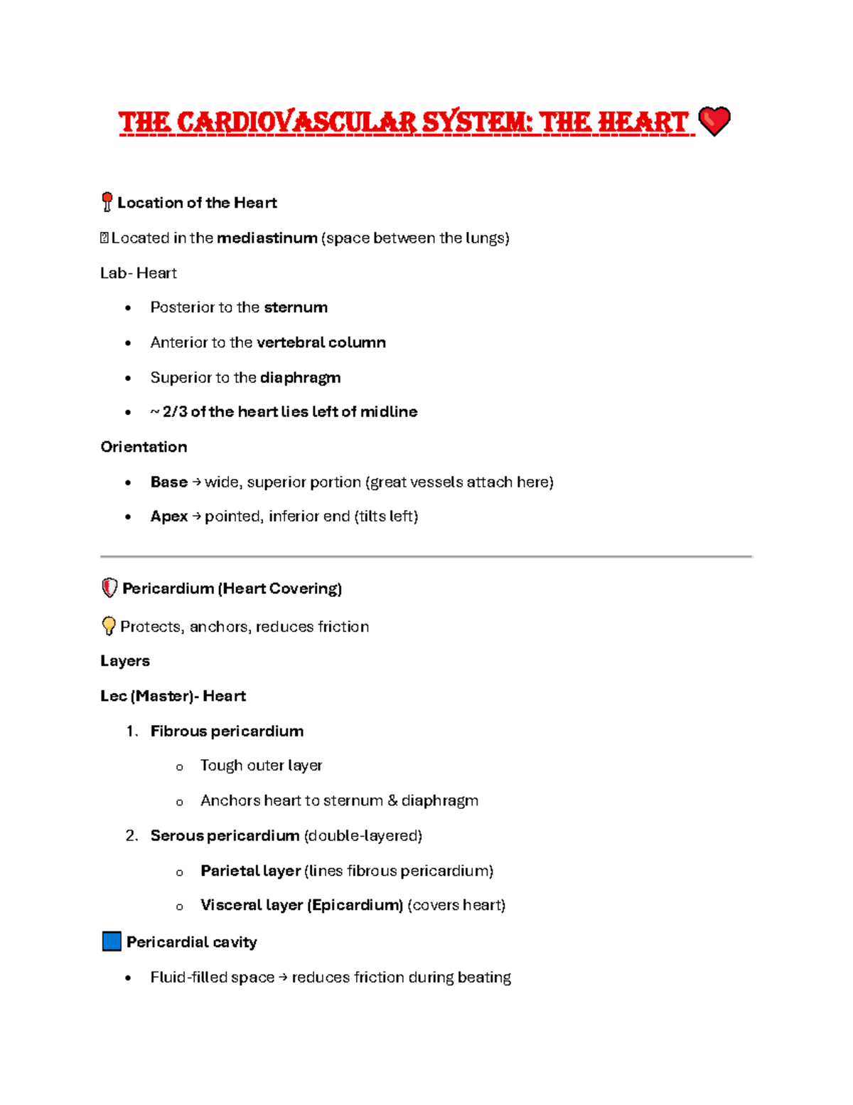 The Heart: Comprehensive Notes for Lec Heart Course - Studocu