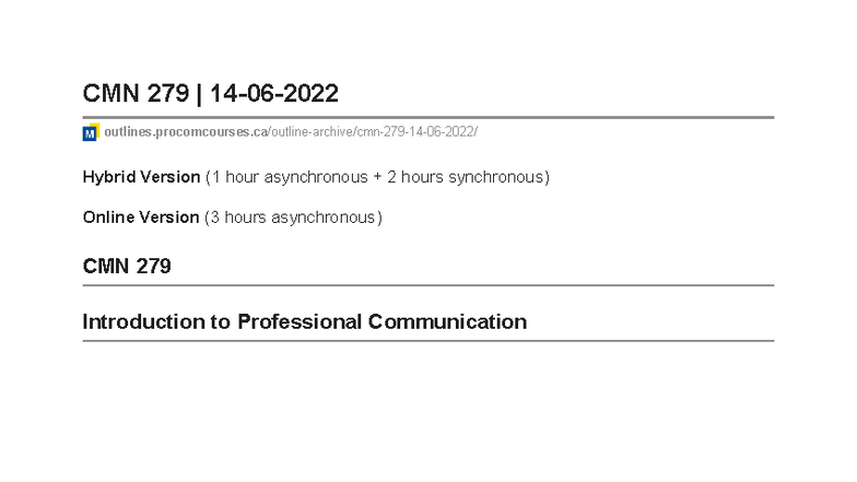 CMN 279 Introduction to Professional Communication - Course Overview ...