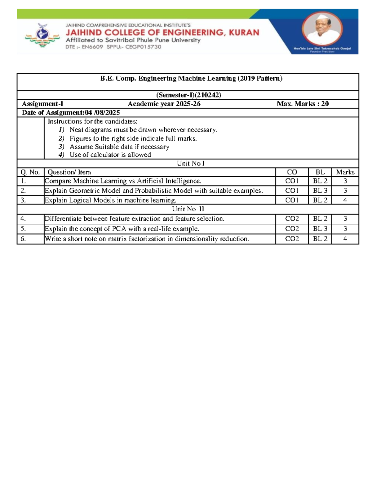 B.E. Comp. Engineering ML Assignment 1 (2019 Pattern) - Studocu