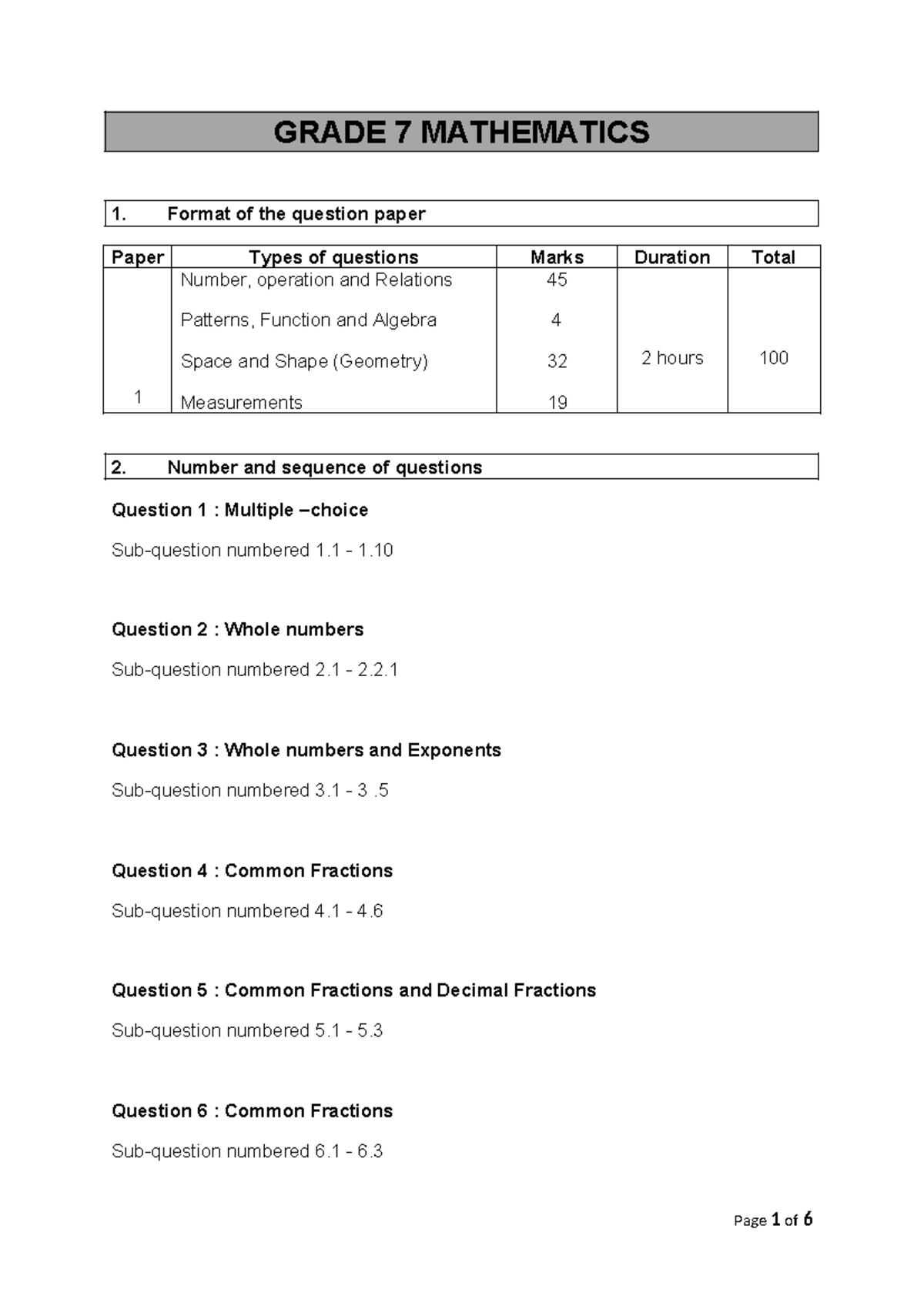 Gr7 mathematics examination question paper format and analysis - Studocu