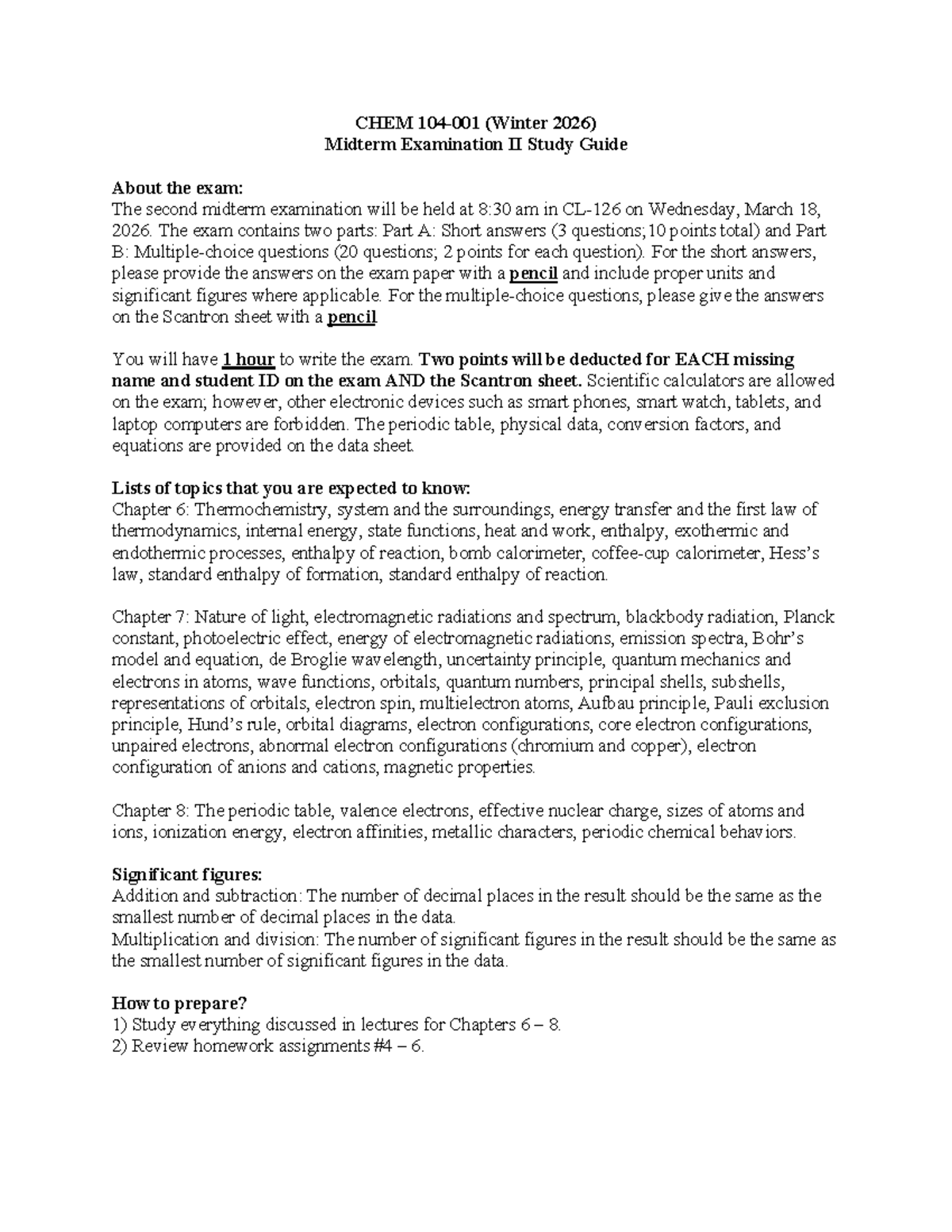 CHEM 104 Winter 2026 Midterm II Exam Study Guide - Studocu