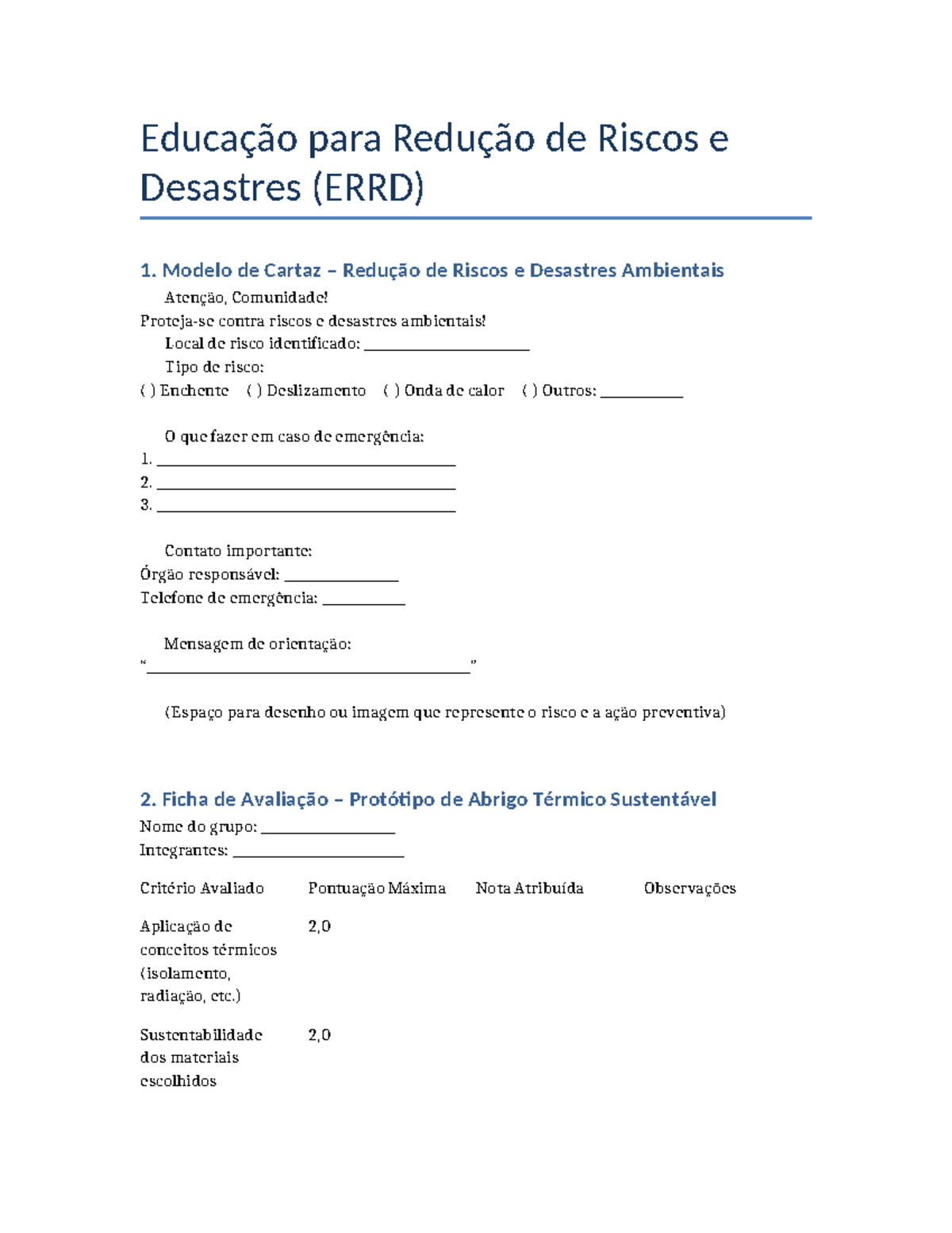 ERRD 1: Modelo de Cartaz e Ficha de Avaliação para Riscos Ambientais ...