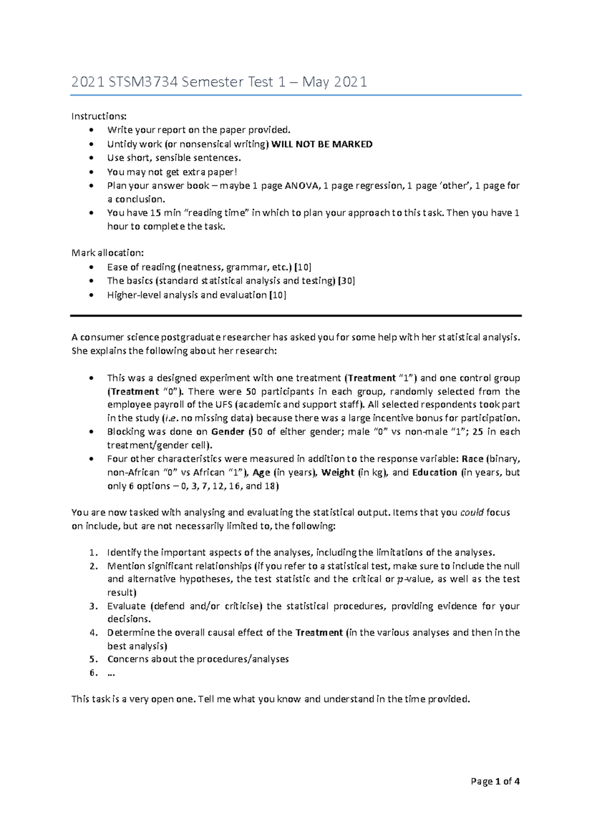 2021 STSM3734 Semester Test 1 - Statistical Analysis Practice - Studocu
