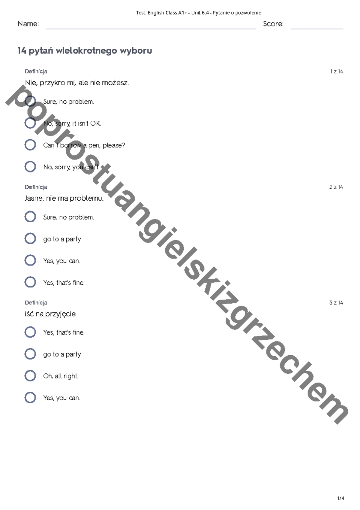 Test - English Class A1+ - Unit 6 - Examples and Questions - Studocu