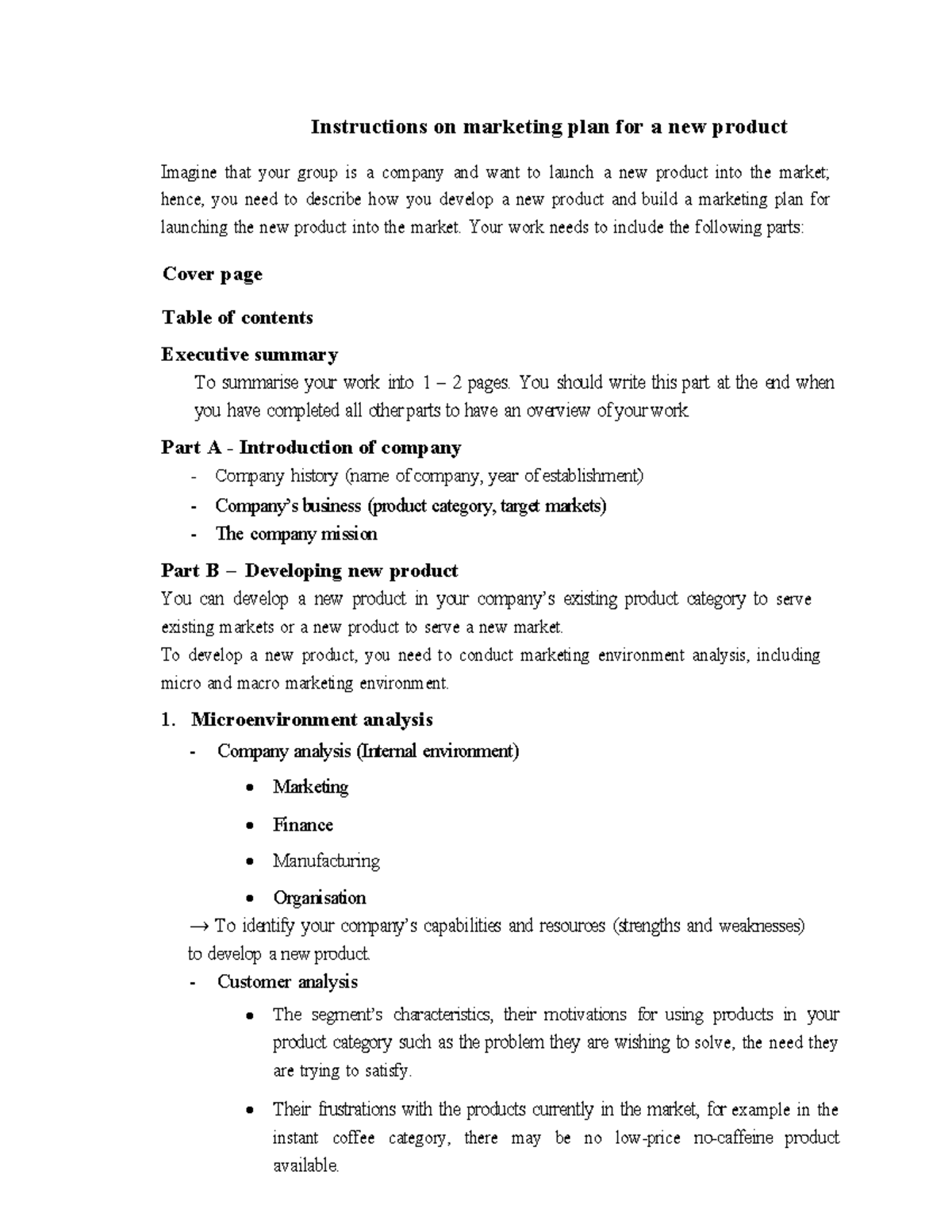 Marketing Plan Instructions for New Product Development - Studocu