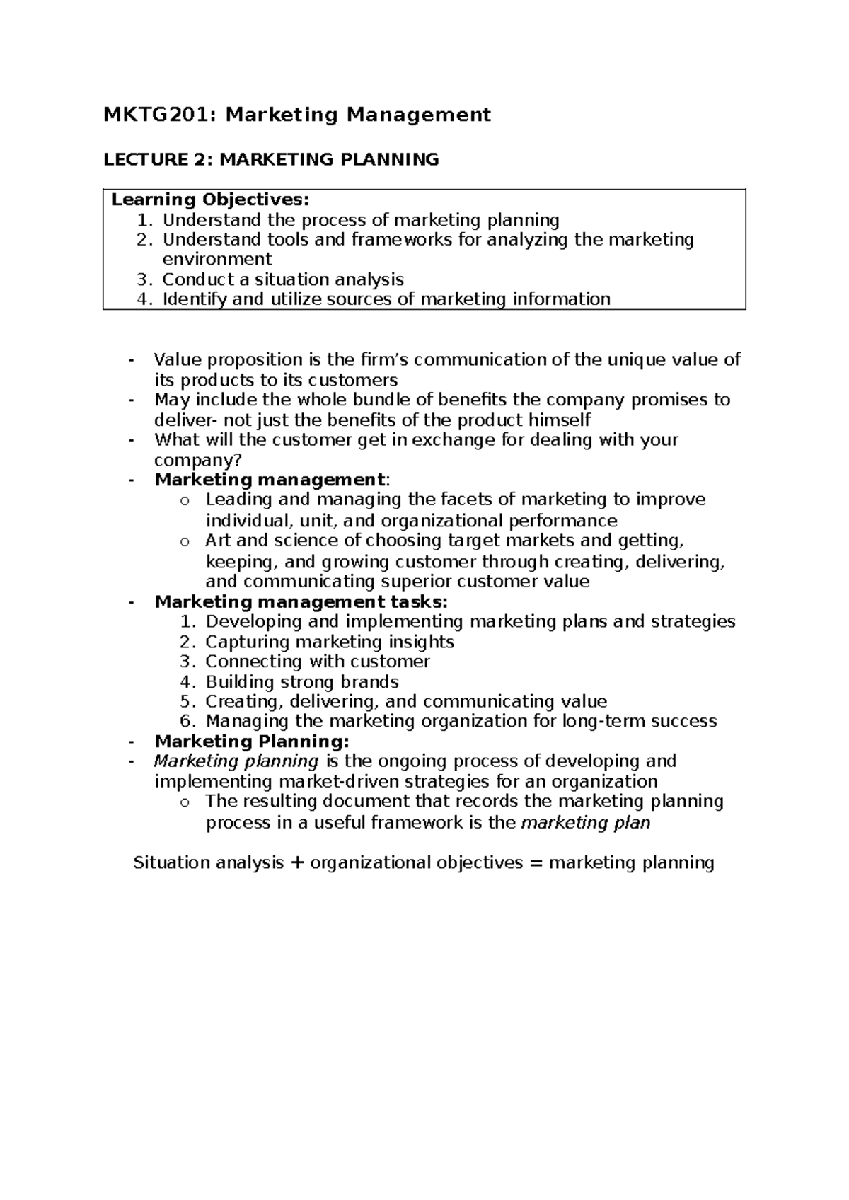 MKTG201 Notes - Lecture 2 - MKTG201: Marketing Management LECTURE 2 ...