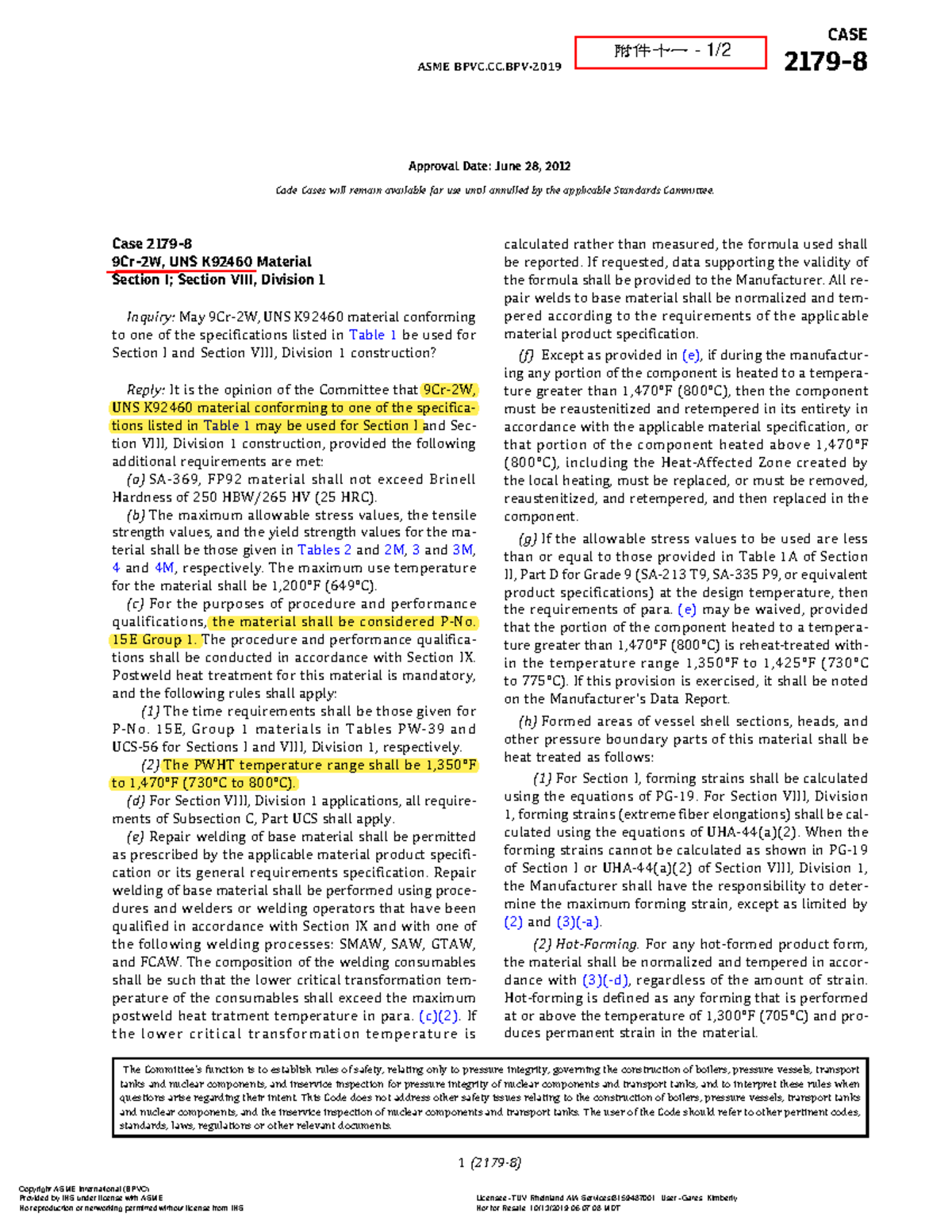 ASME Code Case 2179-8: Guidelines for 9Cr-2W, UNS K92460 Material Use ...