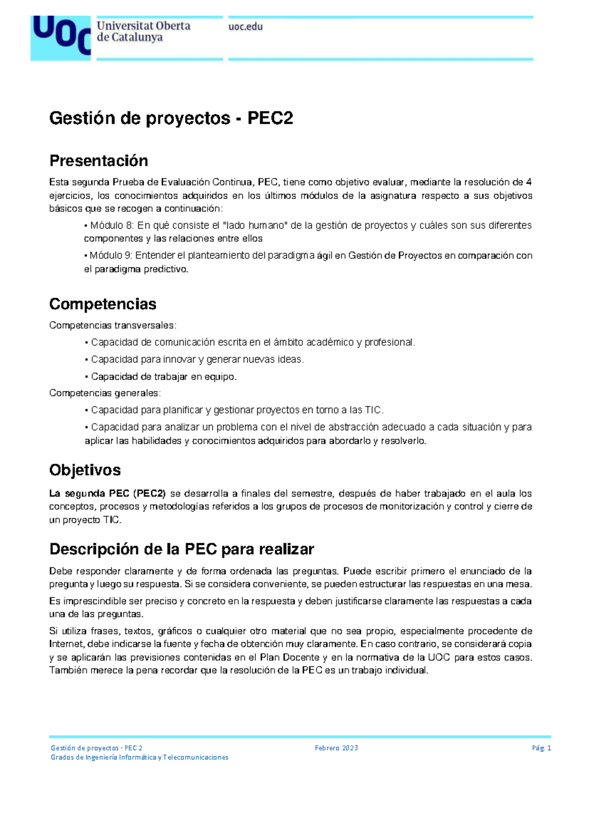 PEC2 Gestión de Proyectos: Evaluación Continua 2022/2023 1er Semestre ...