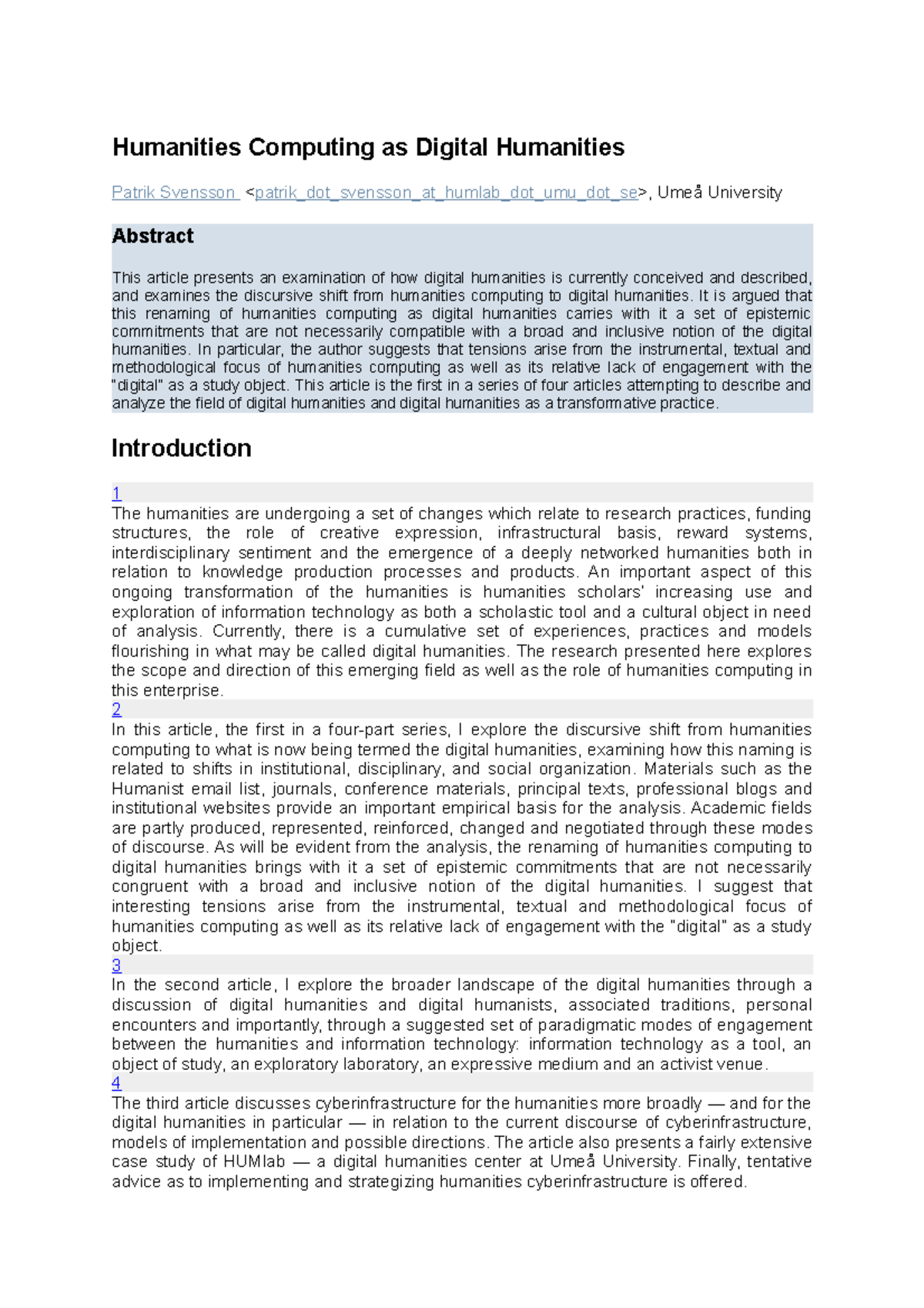 Humanities Computing: Analyzing the Shift to Digital Humanities - Studocu
