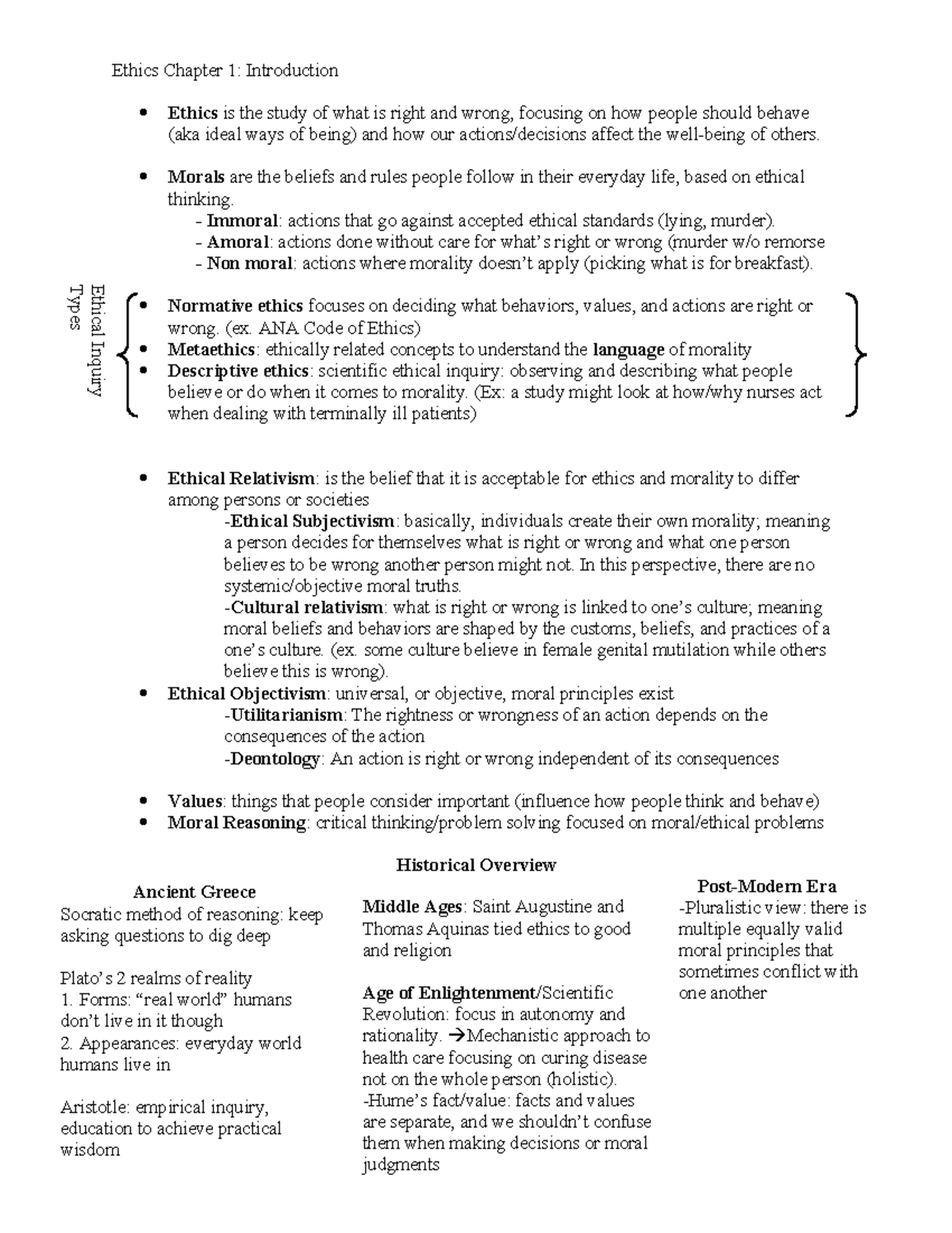 Ethics Exam 1 - Notes on Chapters 1 to 3: Key Concepts and Theories ...