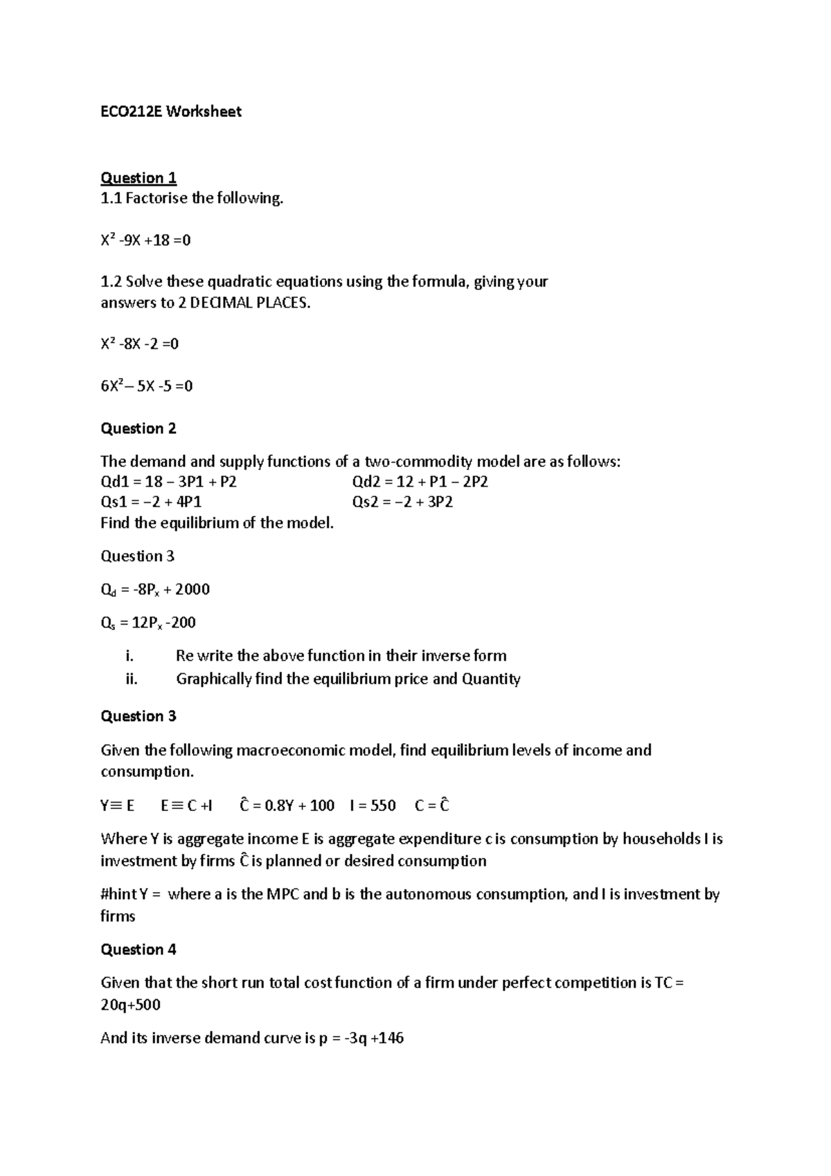 ECO212E Worksheet - Equilibrium and Profit Maximization Exercises - Studocu