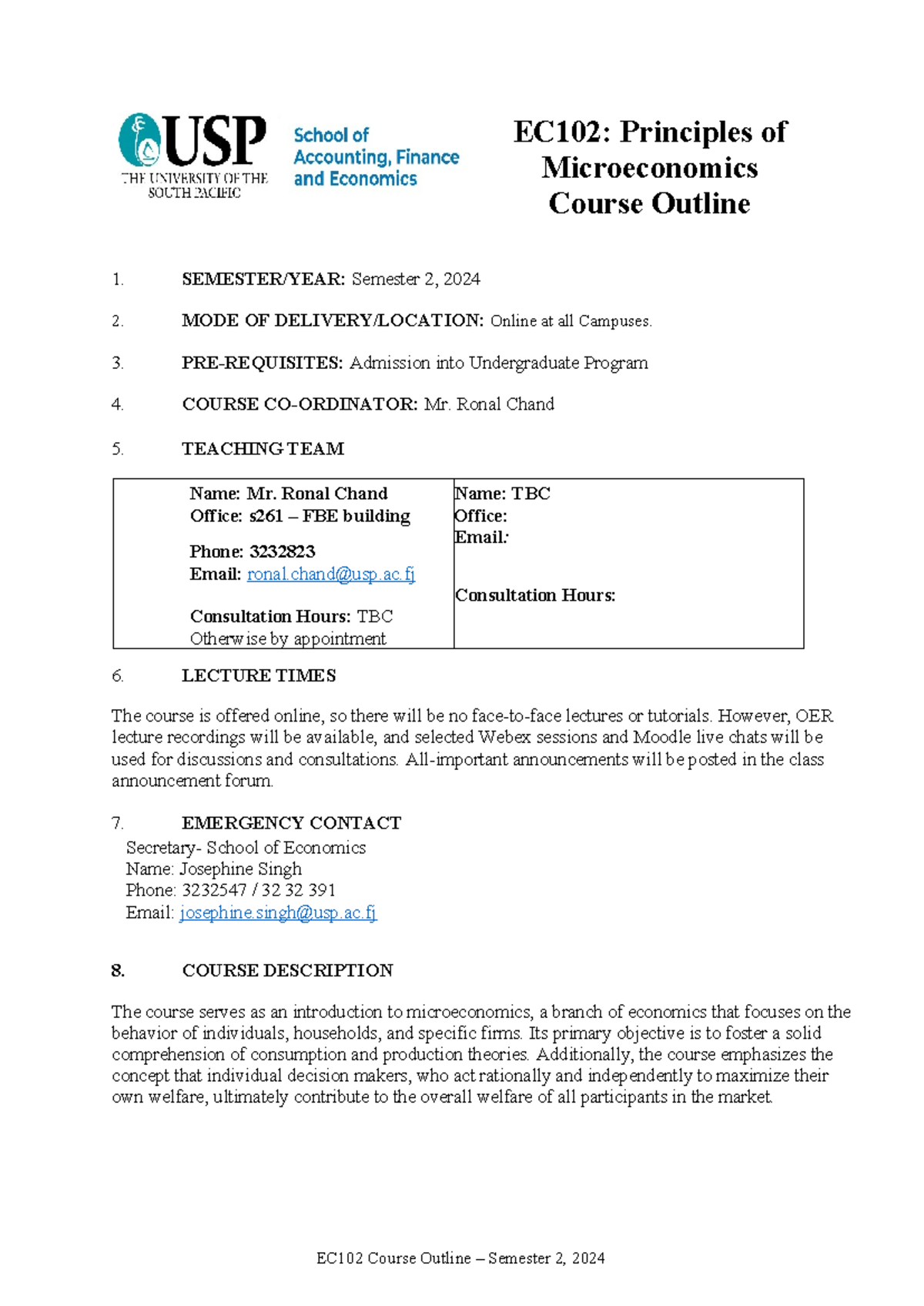 EC102 Course Outline Sem 2 2024 - EC102: Principles of Microeconomics ...