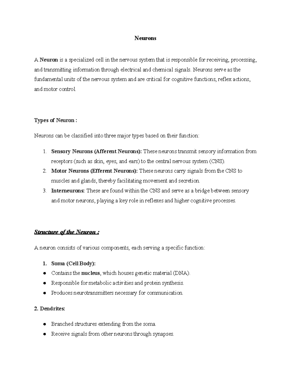 Neurons - Lecture Notes on Structure, Function, and Signaling - Studocu
